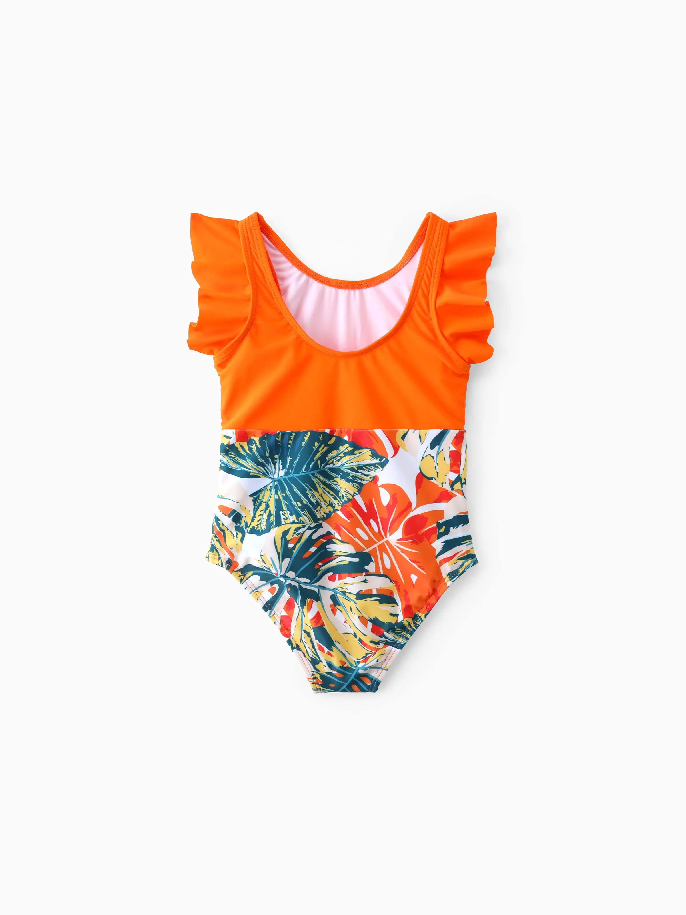 Mommy & me Orange and All Over Tropical Plant Print Splicing Ruffle One-Piece Swimsuit Orange color - Image 9
