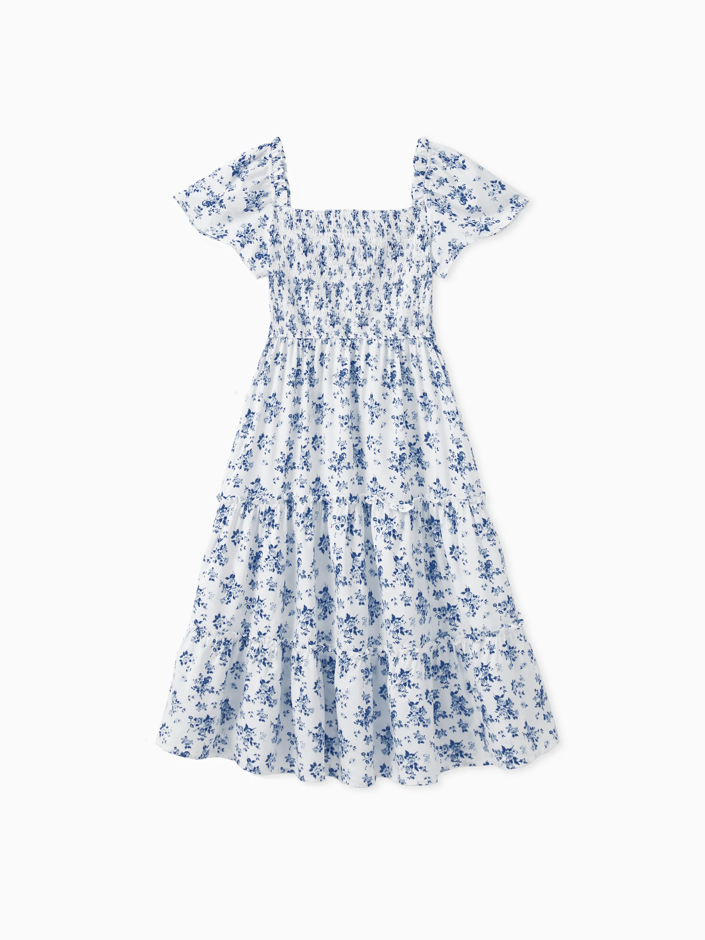 Mommy & me Outfit: Floral Smocking Casual Suit BLUEWHITE - Image 5