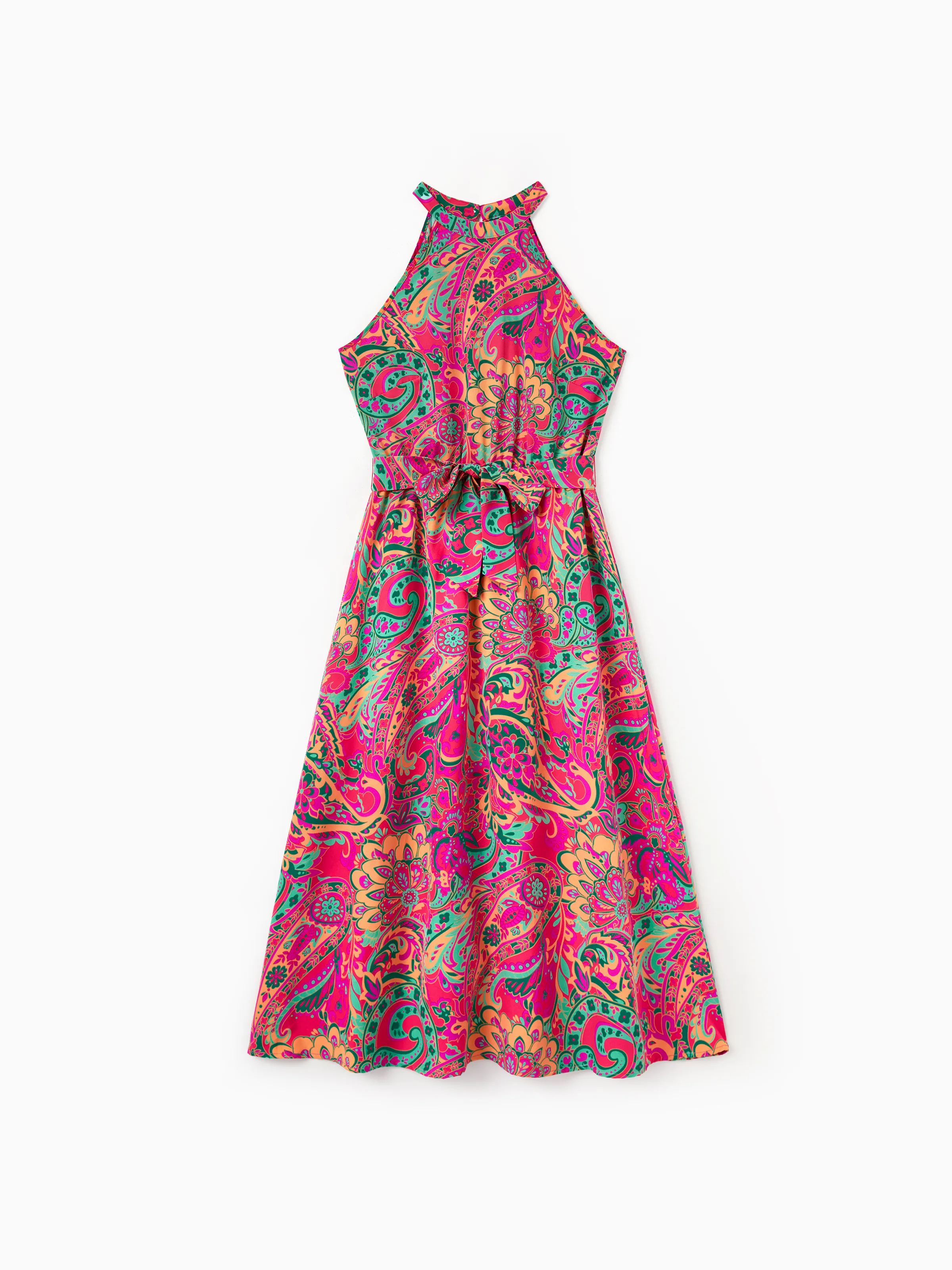 Mommy & me Outfit Set Sleeveless Halter Belted Dress or Short-sleeve Collar Shirt   for Summer Vacation Hot Pink - Image 3