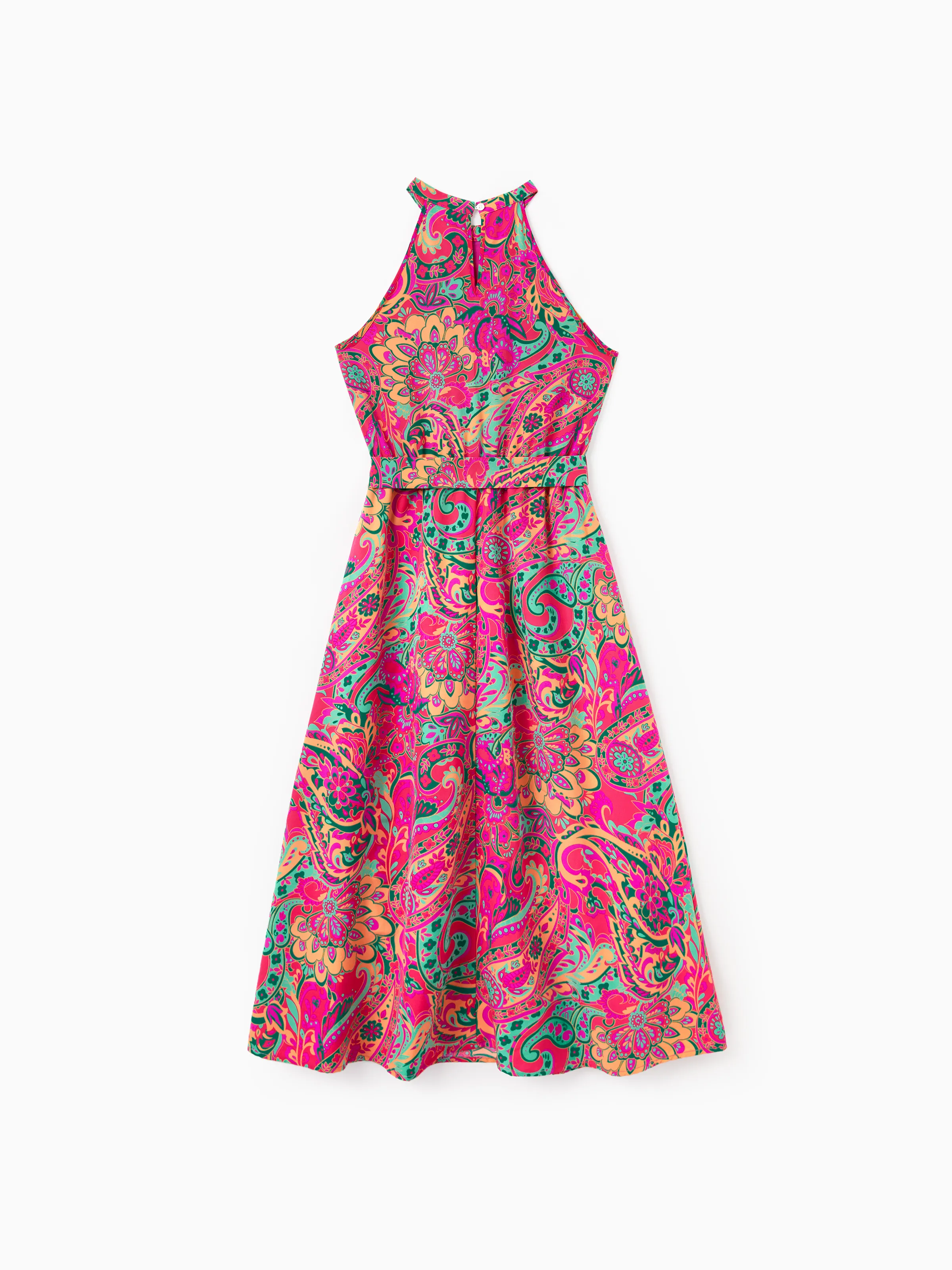 Mommy & me Outfit Set Sleeveless Halter Belted Dress or Short-sleeve Collar Shirt   for Summer Vacation Hot Pink - Image 4