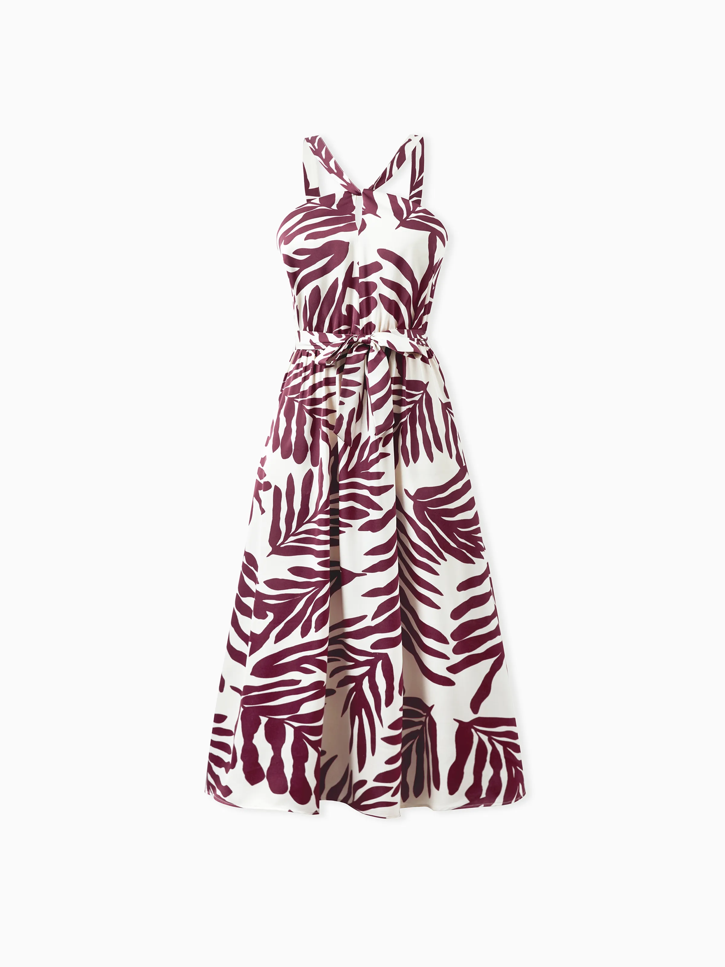 Mommy & me Outfits Red Leaf Print Shirts and Strap Belted Dress for Hawaii/Cruise/Resort/Casual Wear White - Image 3