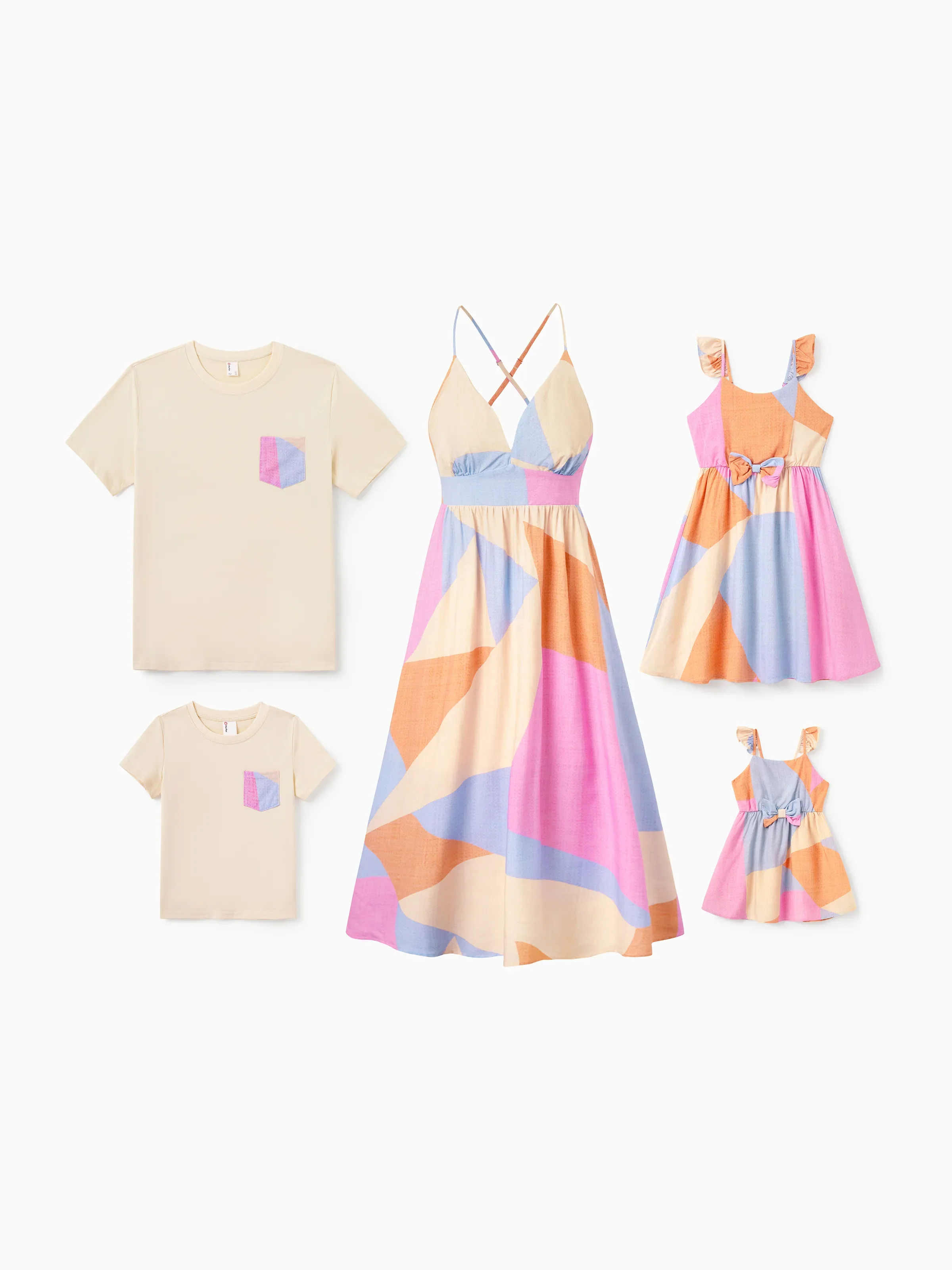 Mommy & me Outfits Set Colorblock Sleeveless Strappy Dress or Short-sleeve T-shirt Multi-color - Image 3