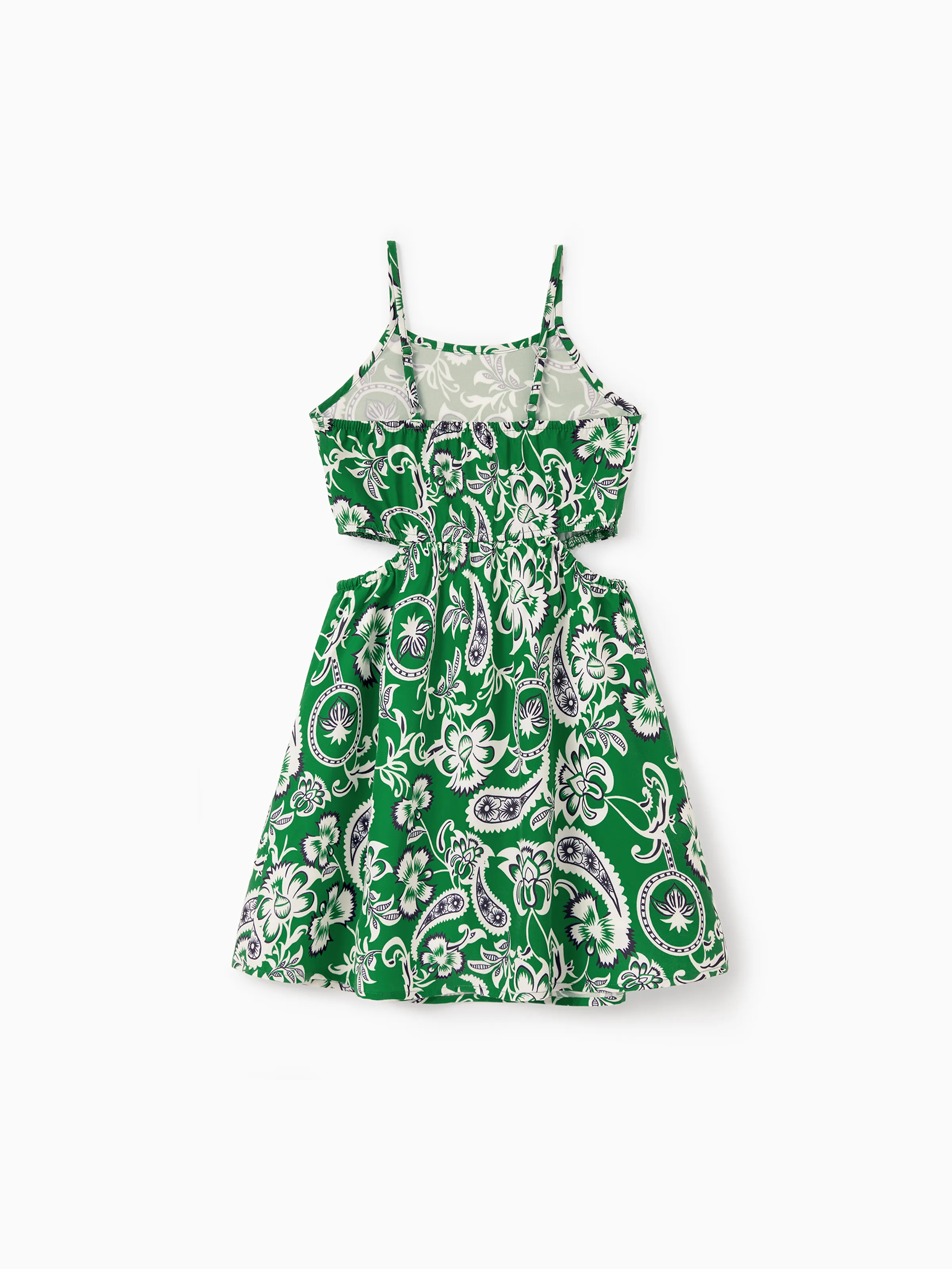 Mommy & me Outfits Set Floral Print Short-sleeve Collar Shirt or Strappy Smocked  Dress for Summer Vacation Green - Image 14