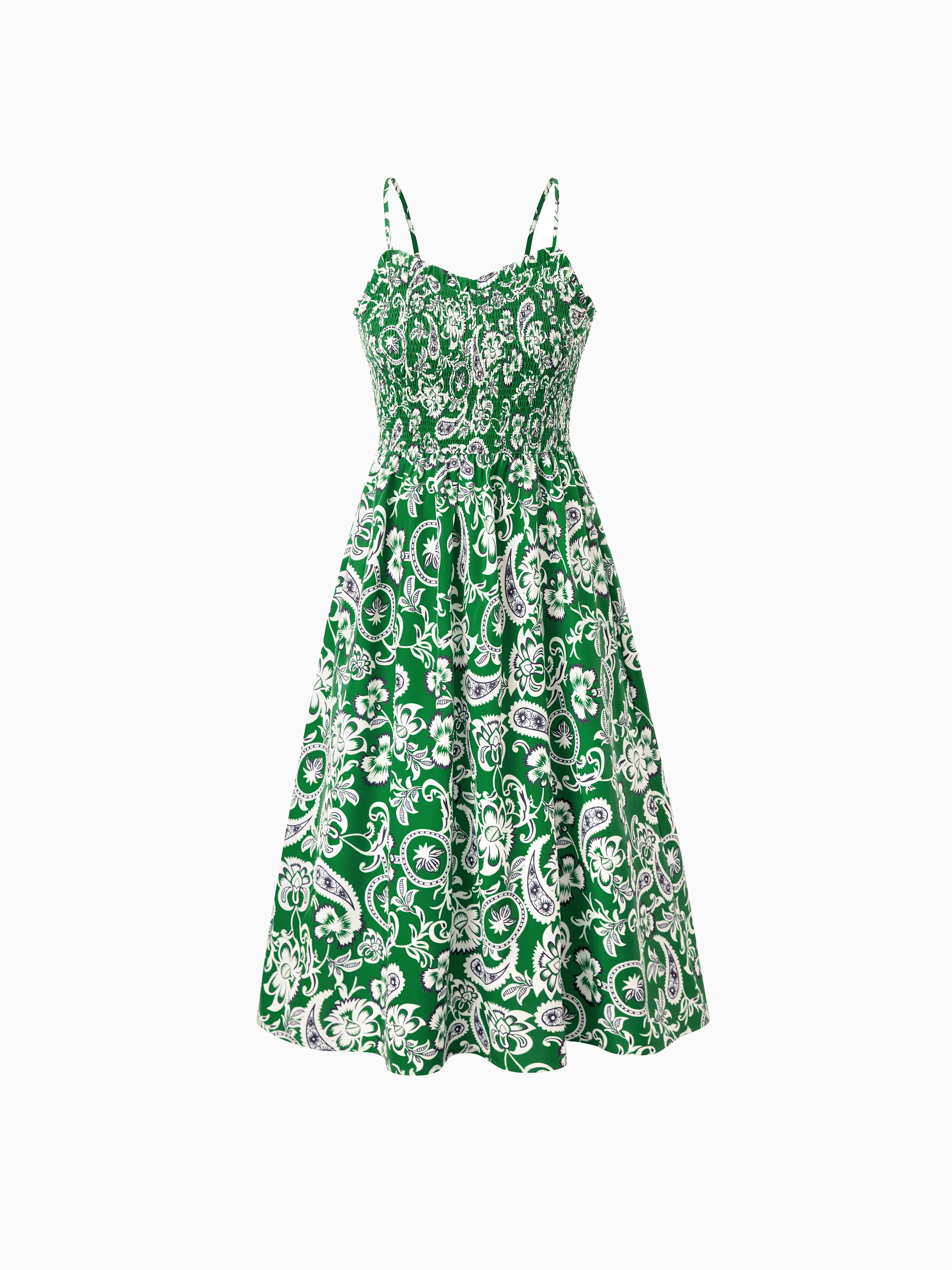 Mommy & me Outfits Set Floral Print Short-sleeve Collar Shirt or Strappy Smocked  Dress for Summer Vacation Green - Image 6