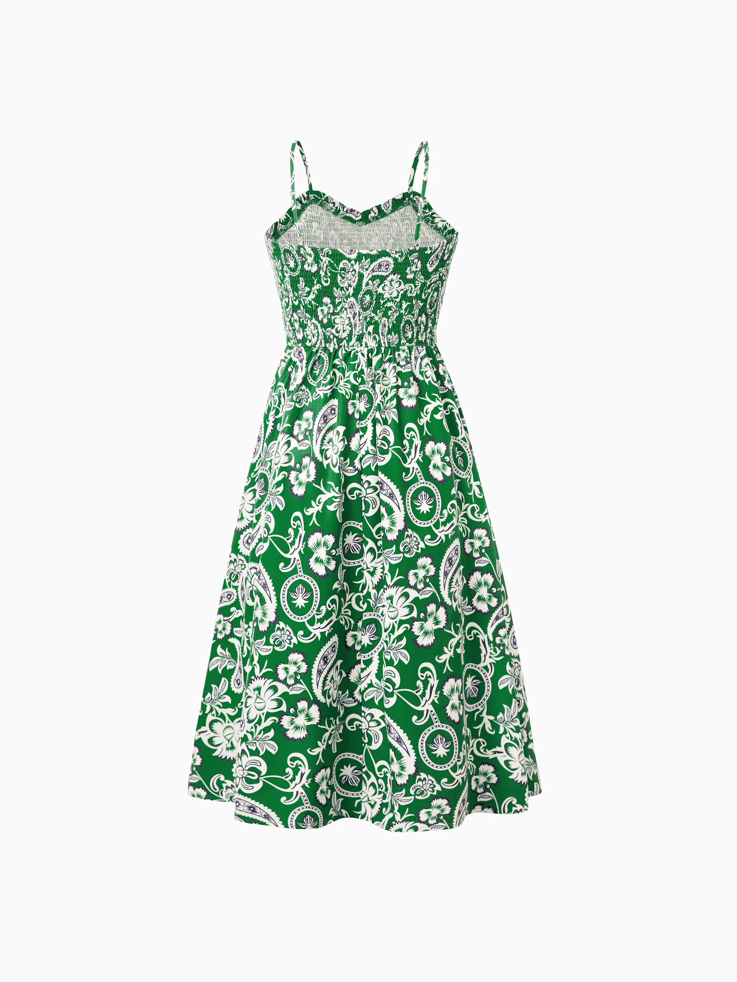 Mommy & me Outfits Set Floral Print Short-sleeve Collar Shirt or Strappy Smocked  Dress for Summer Vacation Green - Image 7