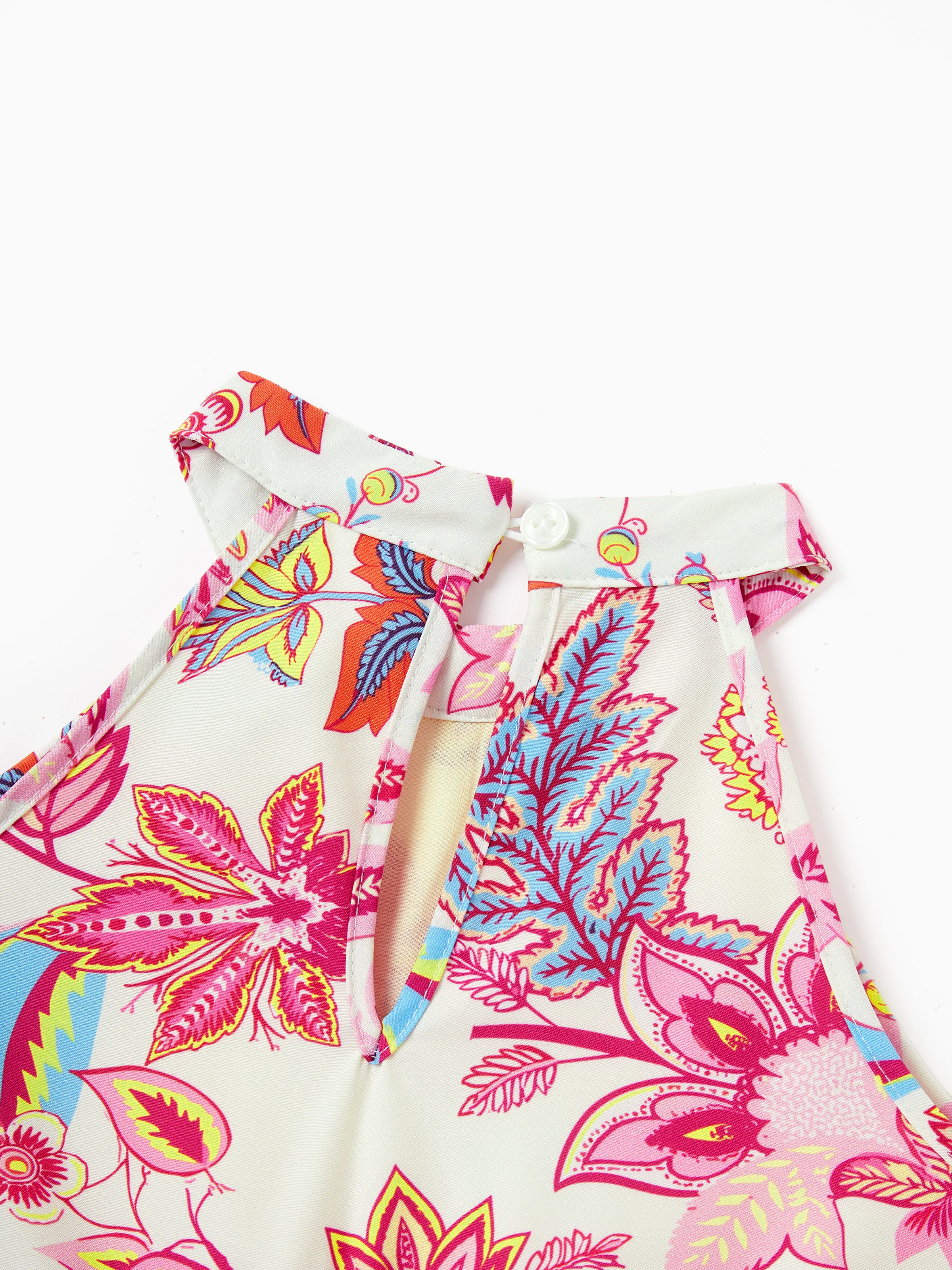 Mommy & me Outfits Set Tropical Flora Print Short-sleeve Collar Shirt or Halter Belted Dress for Summer Vacation Beige - Image 11