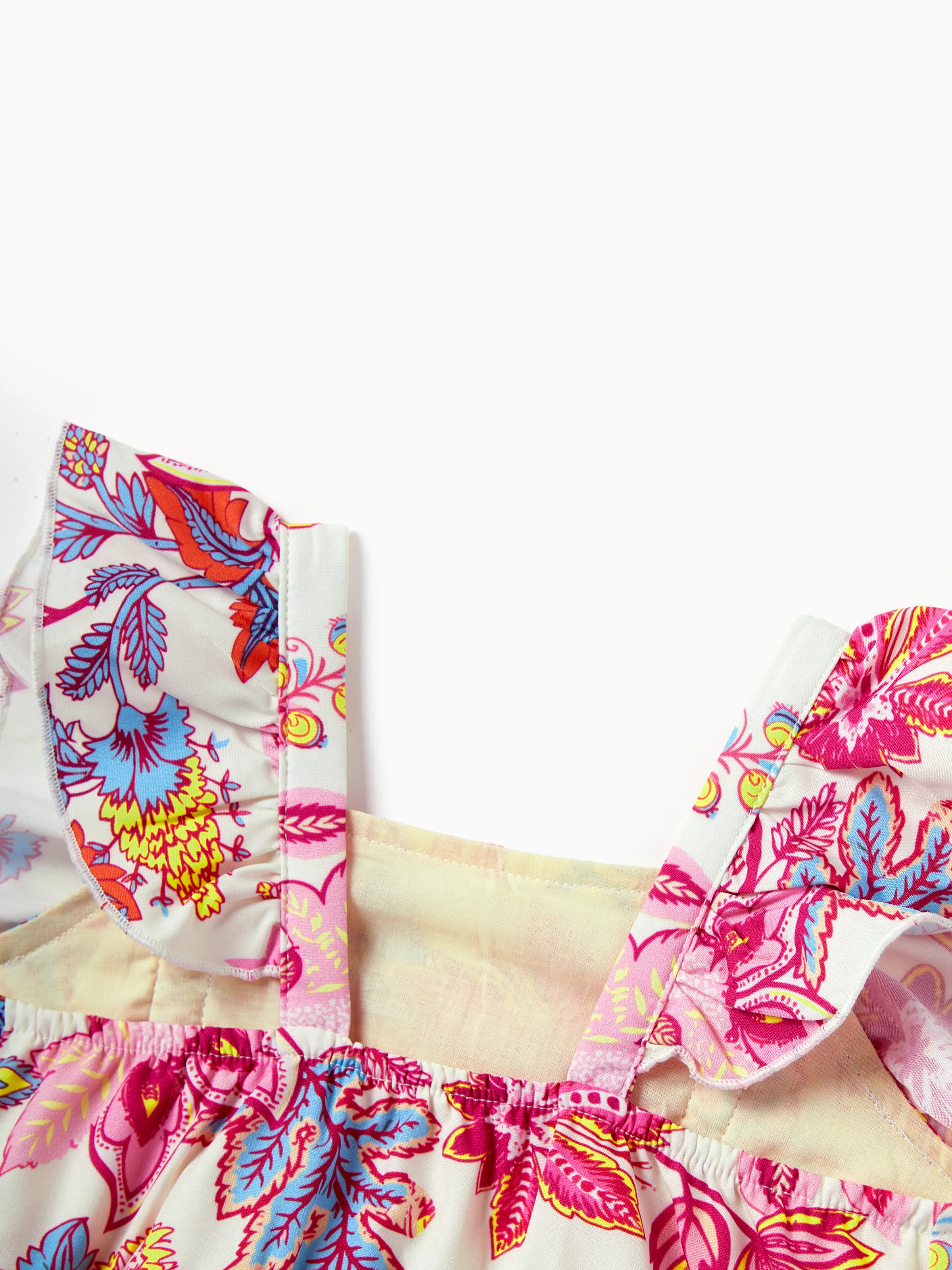 Mommy & me Outfits Set Tropical Flora Print Short-sleeve Collar Shirt or Halter Belted Dress for Summer Vacation Beige - Image 15