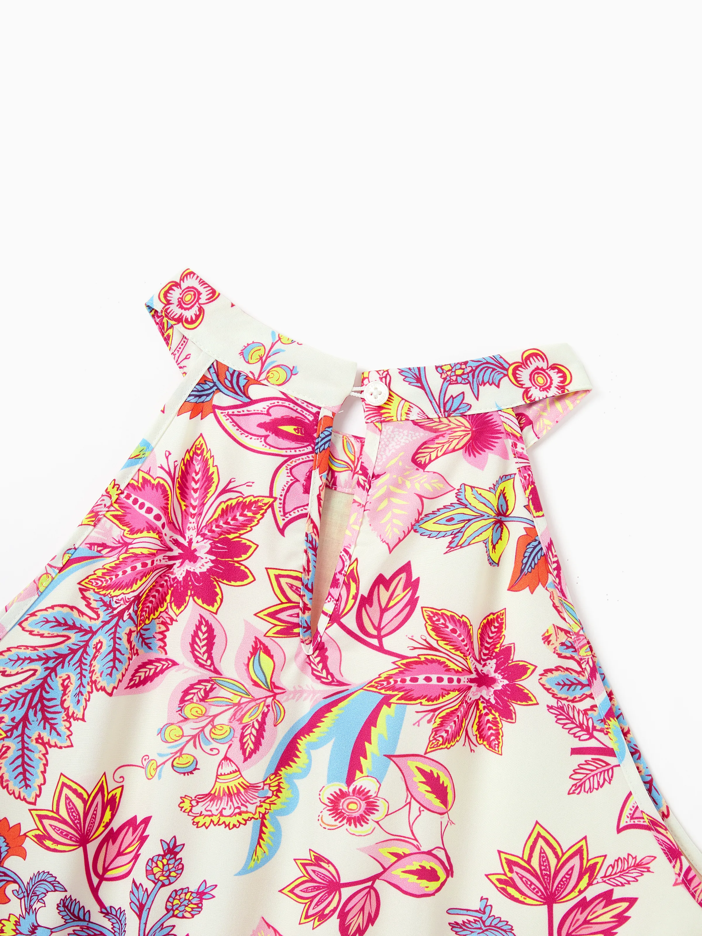 Mommy & me Outfits Set Tropical Flora Print Short-sleeve Collar Shirt or Halter Belted Dress for Summer Vacation Beige - Image 6