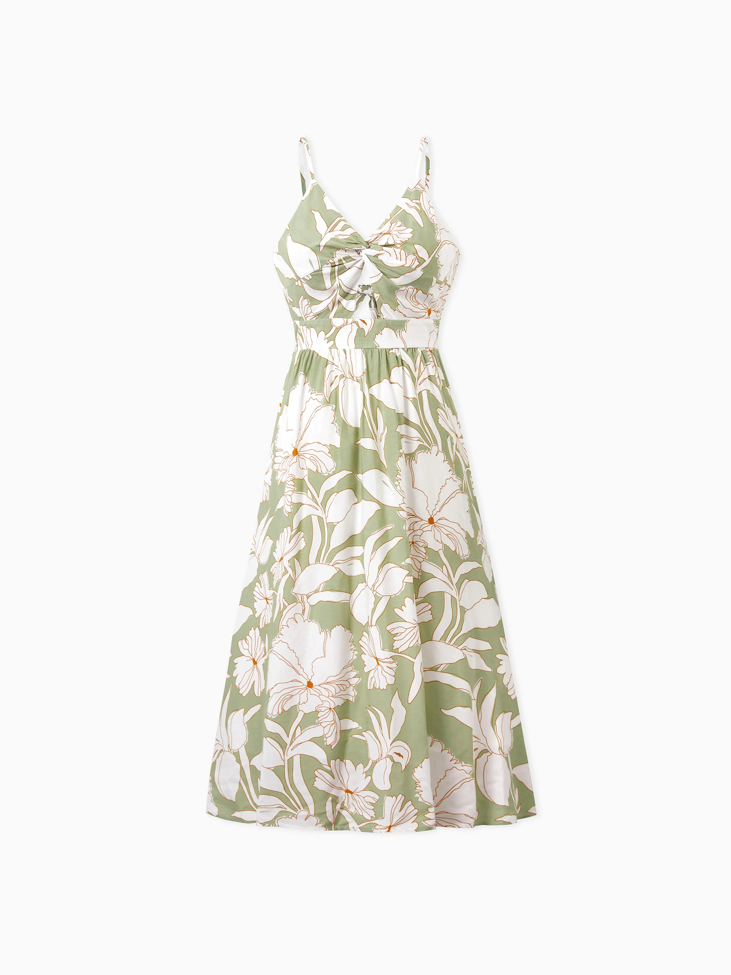 Mommy & me Outfits Tropical Floral Print Strap Dress or Short-sleeve Colorblock Shirts Set Pale Green - Image 6