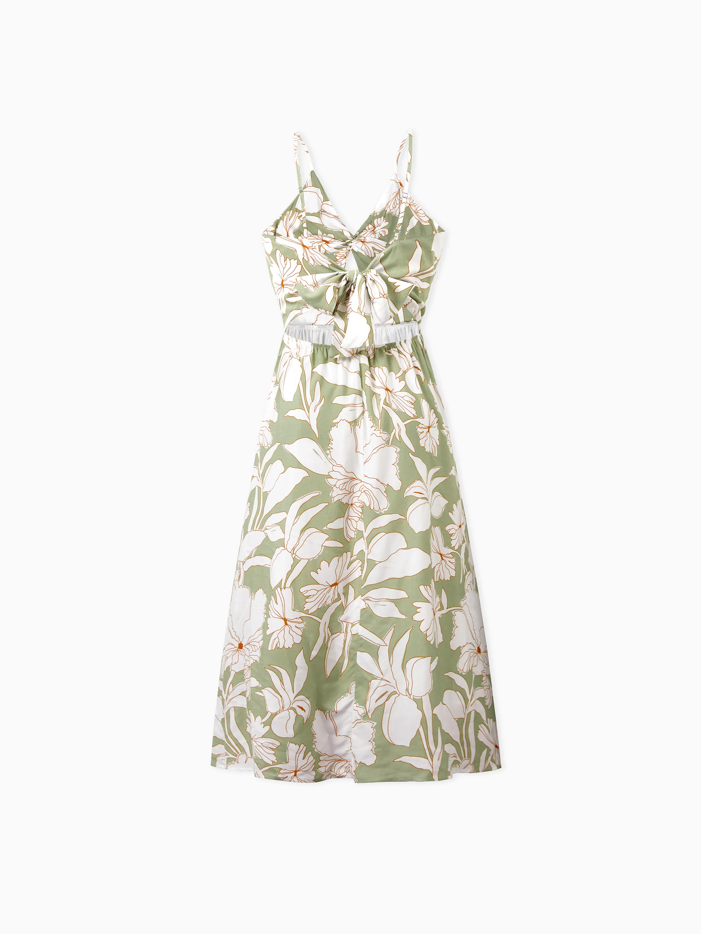 Mommy & me Outfits Tropical Floral Print Strap Dress or Short-sleeve Colorblock Shirts Set Pale Green - Image 7