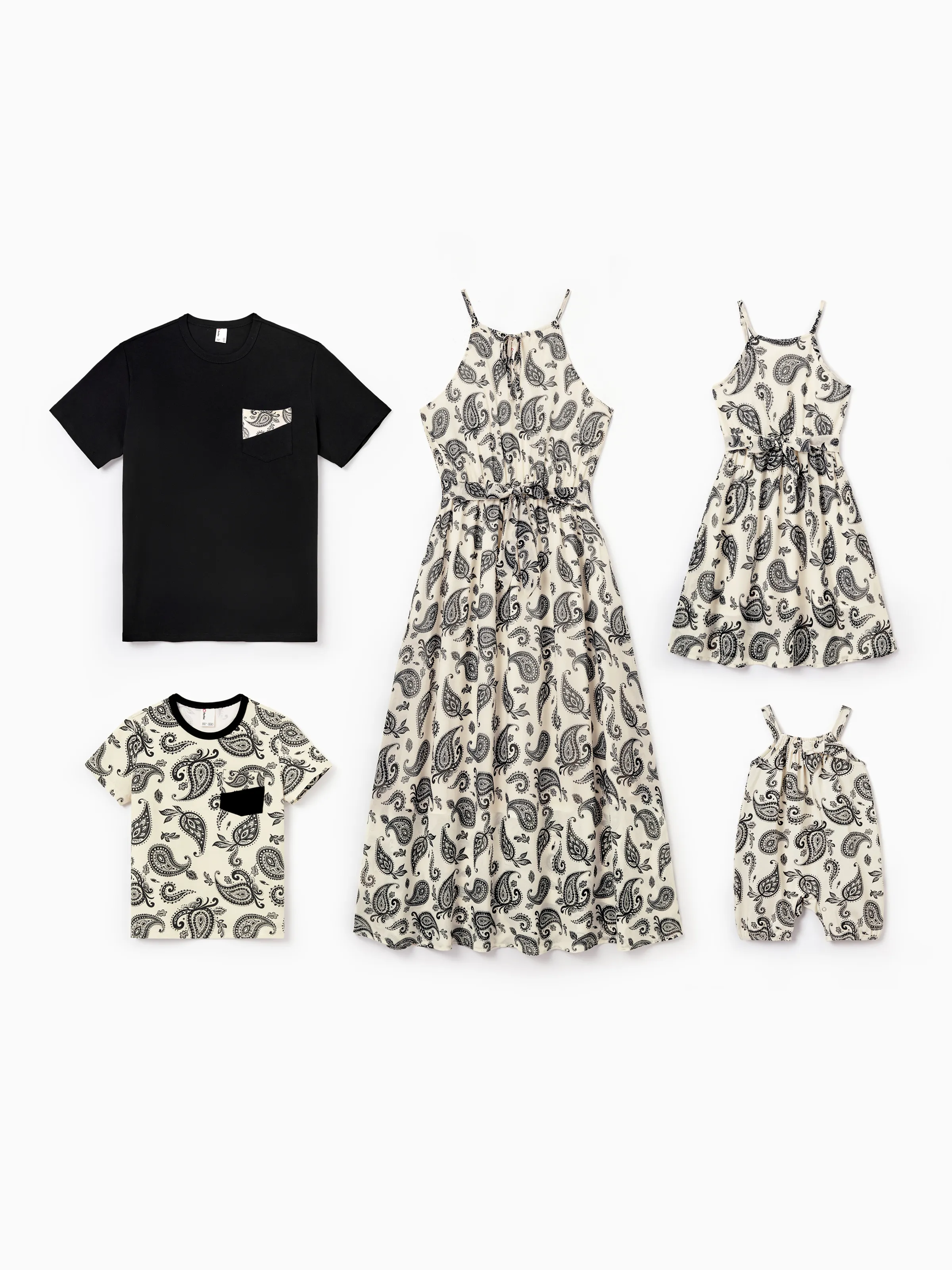 Mommy & me Paisley Print Outfits Sleeveless Spaghetti Strap Dress & Cotton T-Shirt for Mom, Dad, & Kids Perfect for Family Outings & Photos Black - Image 2