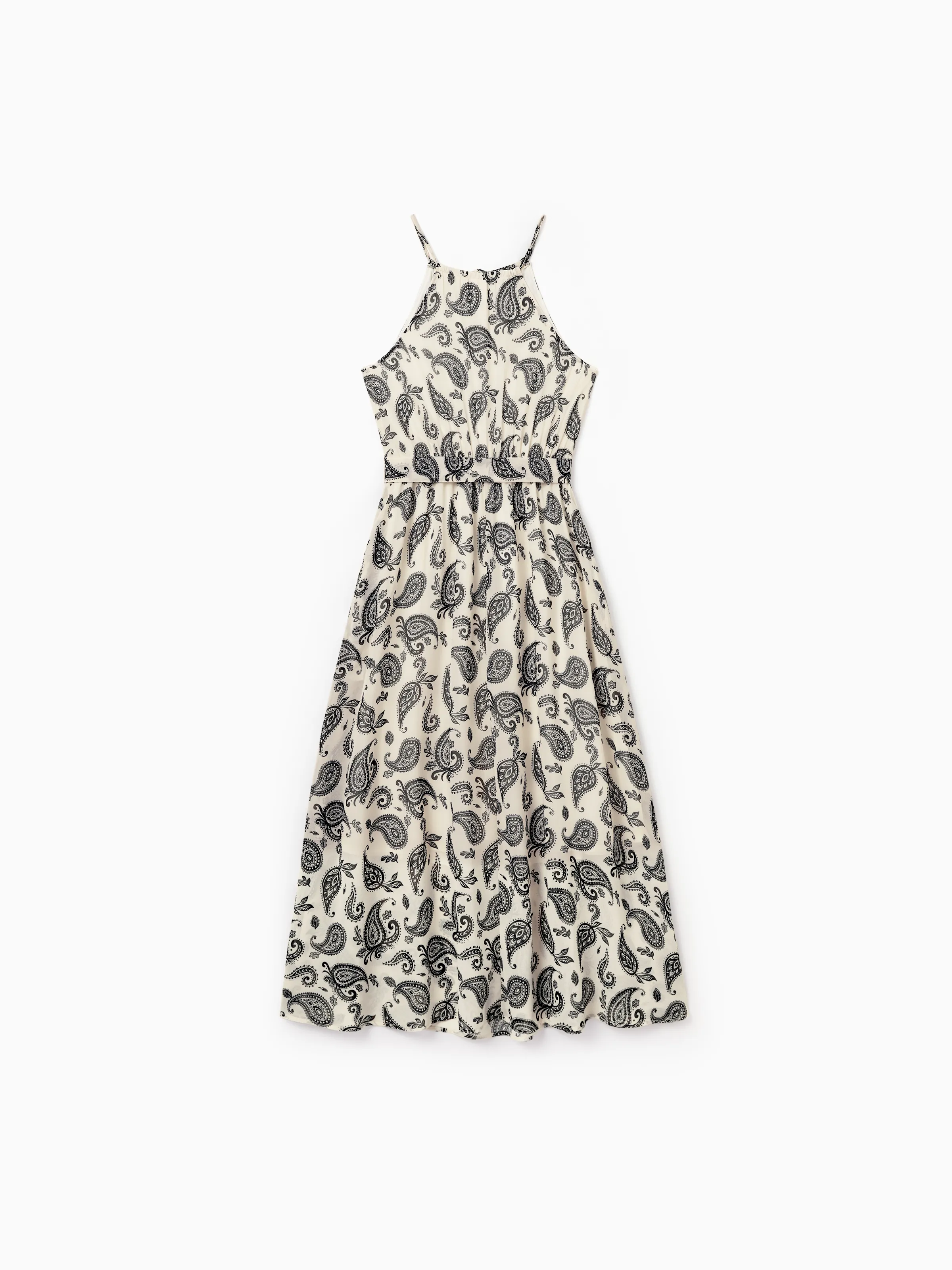 Mommy & me Paisley Print Outfits Sleeveless Spaghetti Strap Dress & Cotton T-Shirt for Mom, Dad, & Kids Perfect for Family Outings & Photos Black - Image 3