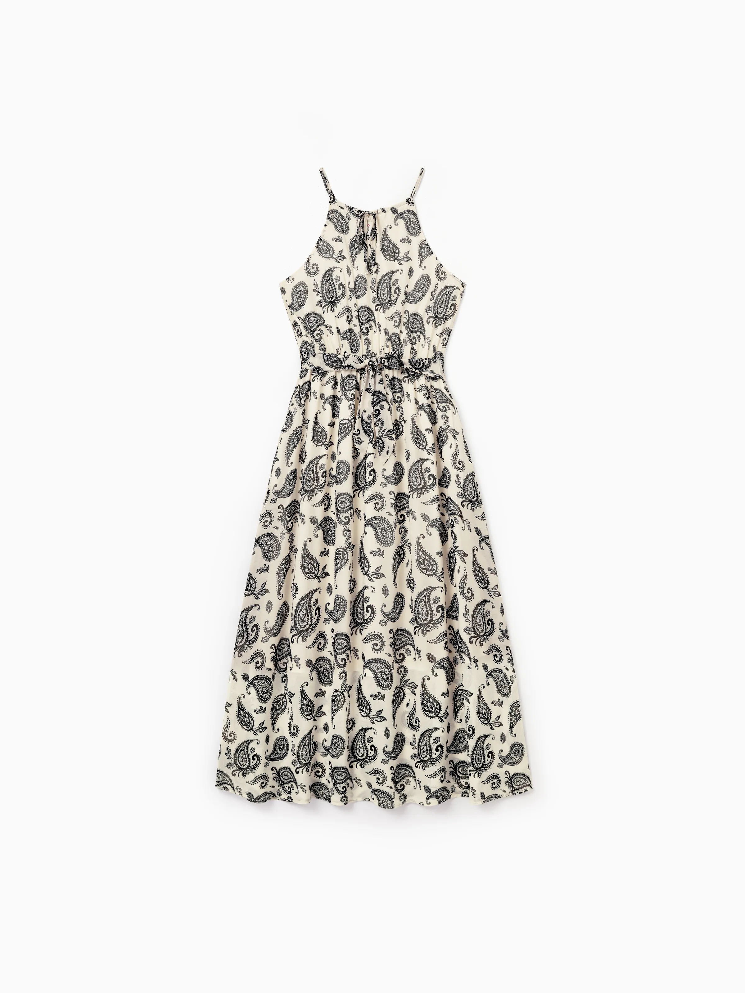 Mommy & me Paisley Print Outfits Sleeveless Spaghetti Strap Dress & Cotton T-Shirt for Mom, Dad, & Kids Perfect for Family Outings & Photos Black - Image 4