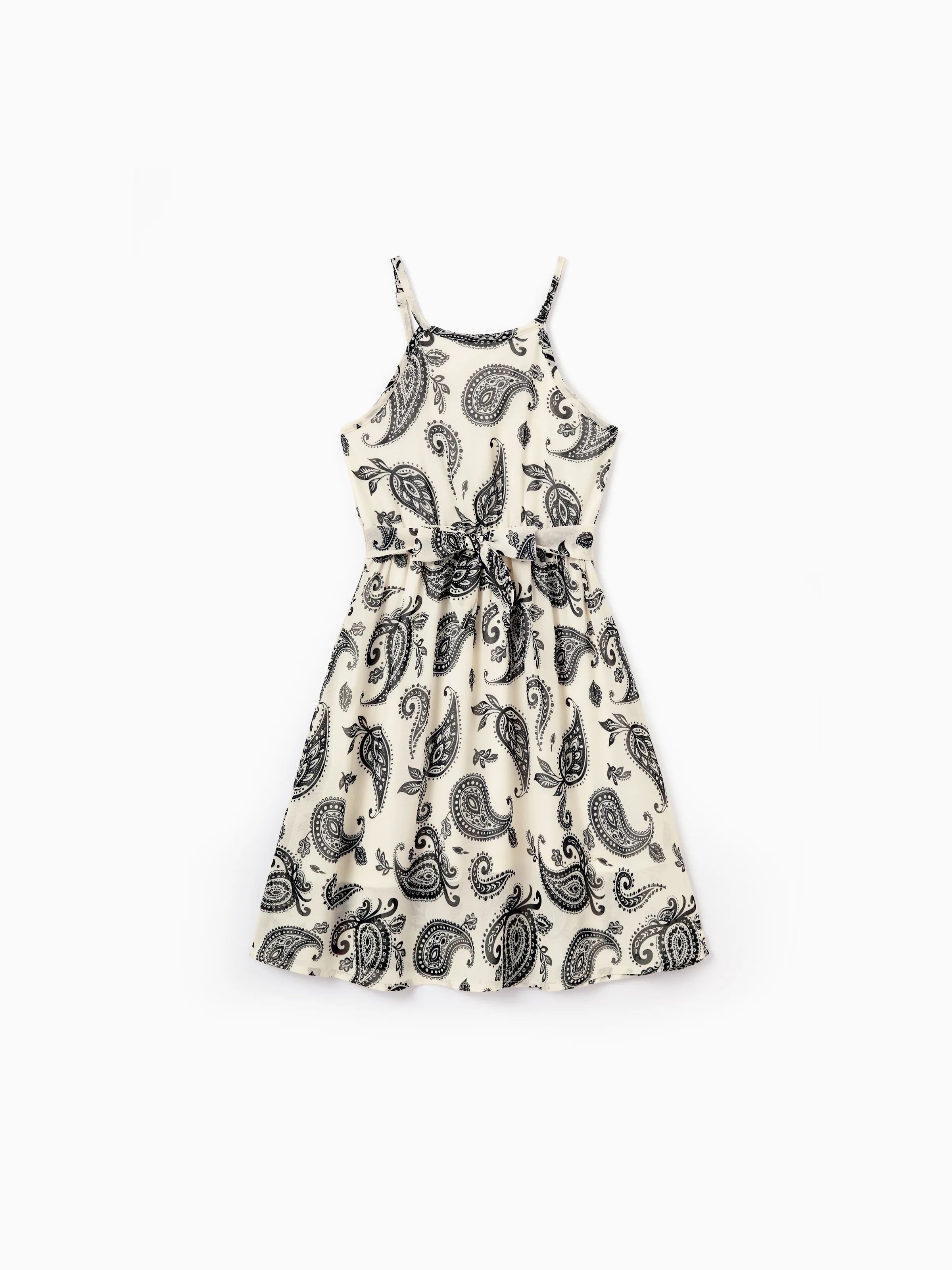 Mommy & me Paisley Print Outfits Sleeveless Spaghetti Strap Dress & Cotton T-Shirt for Mom, Dad, & Kids Perfect for Family Outings & Photos Black - Image 8