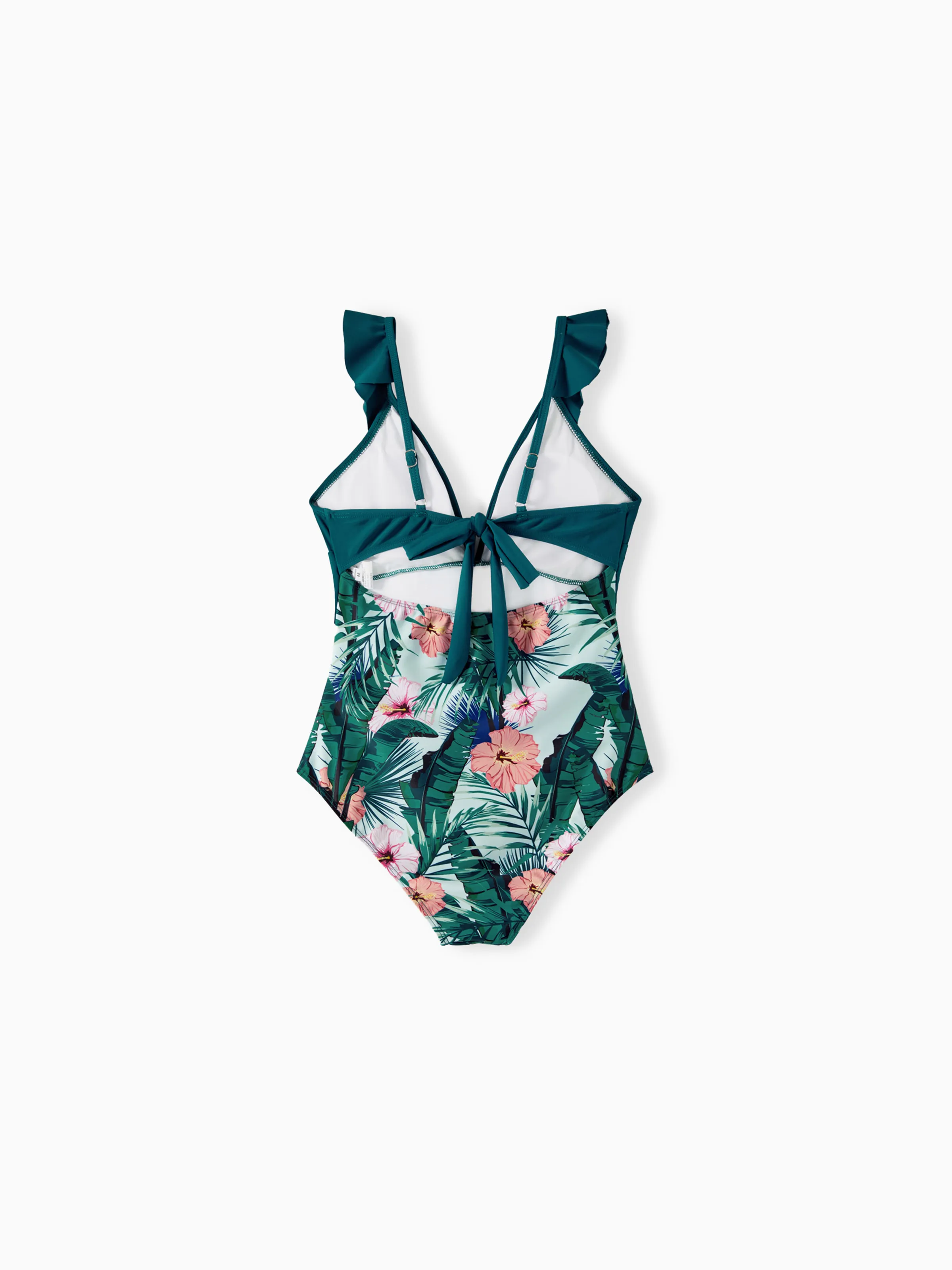 Mommy & me Plant Print Ruffle Trim Spliced One-piece Swimsuit Green - Image 6