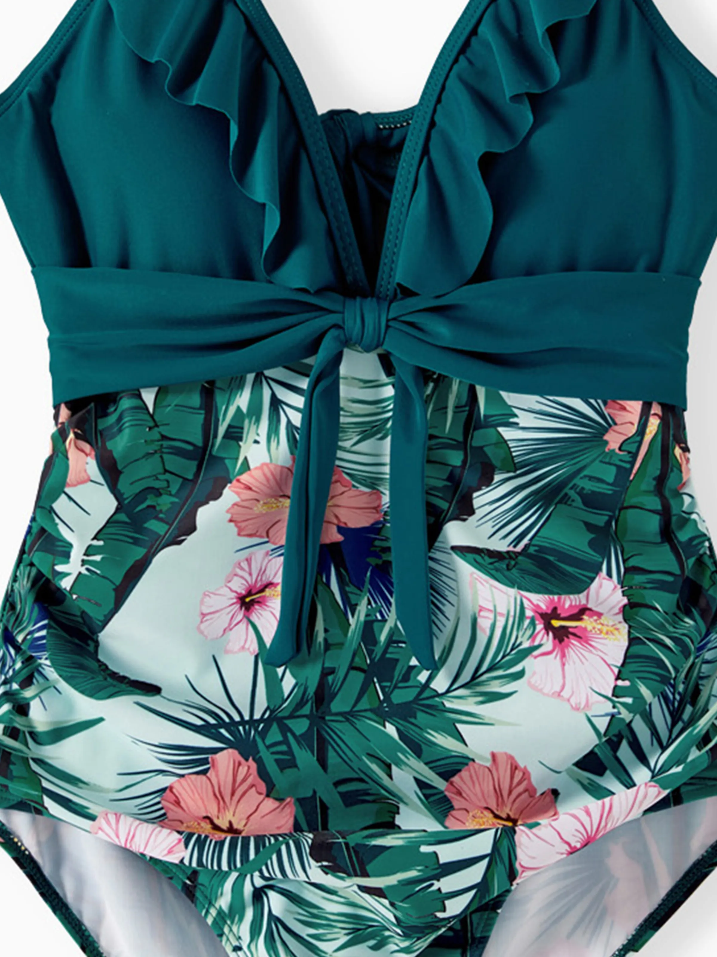 Mommy & me Plant Print Ruffle Trim Spliced One-piece Swimsuit Green - Image 7