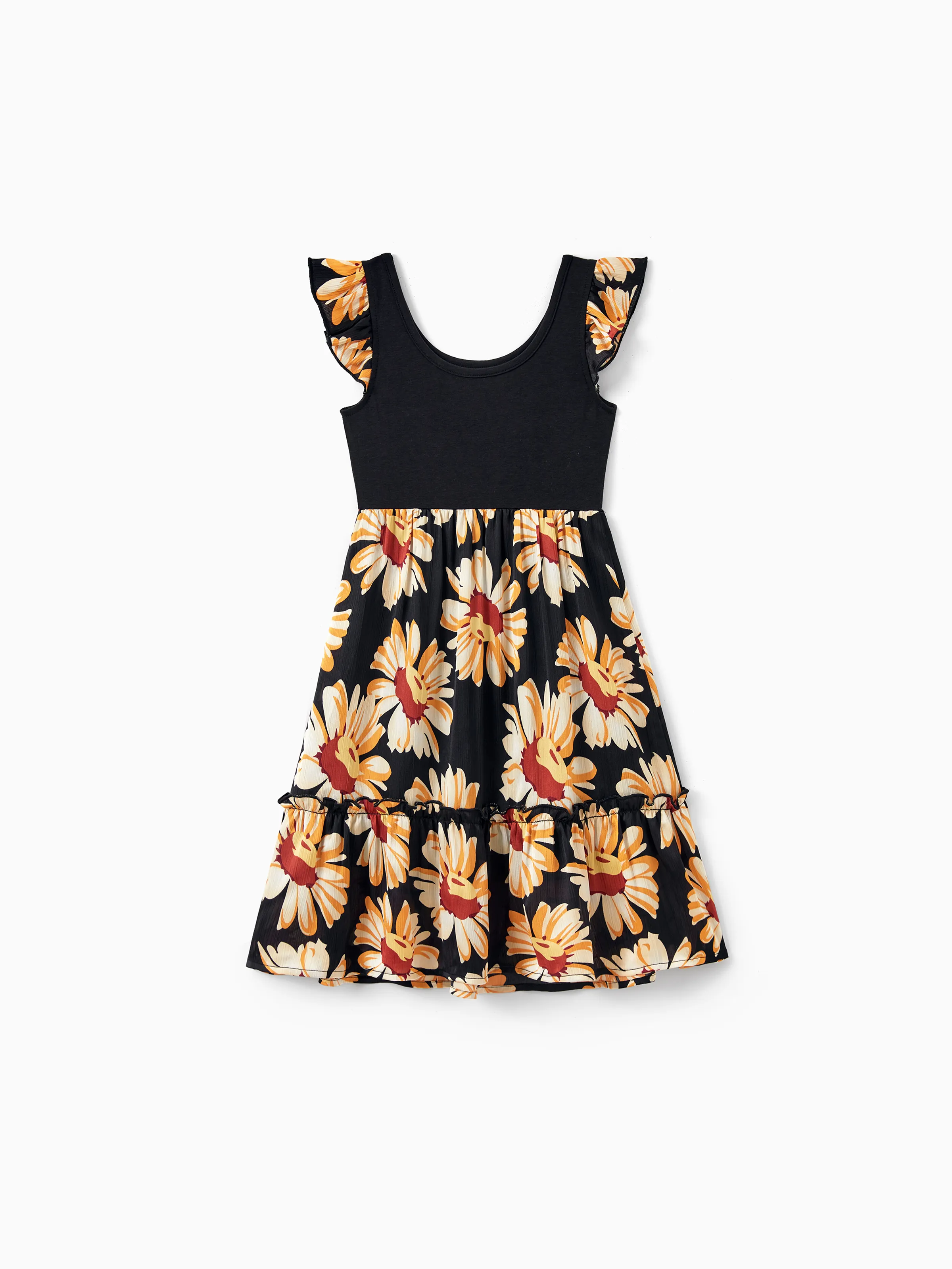 Mommy & me Set Floral Sleeveless Strappy Dress or Colorblock Short-sleeve T-shirt Black - Image 14