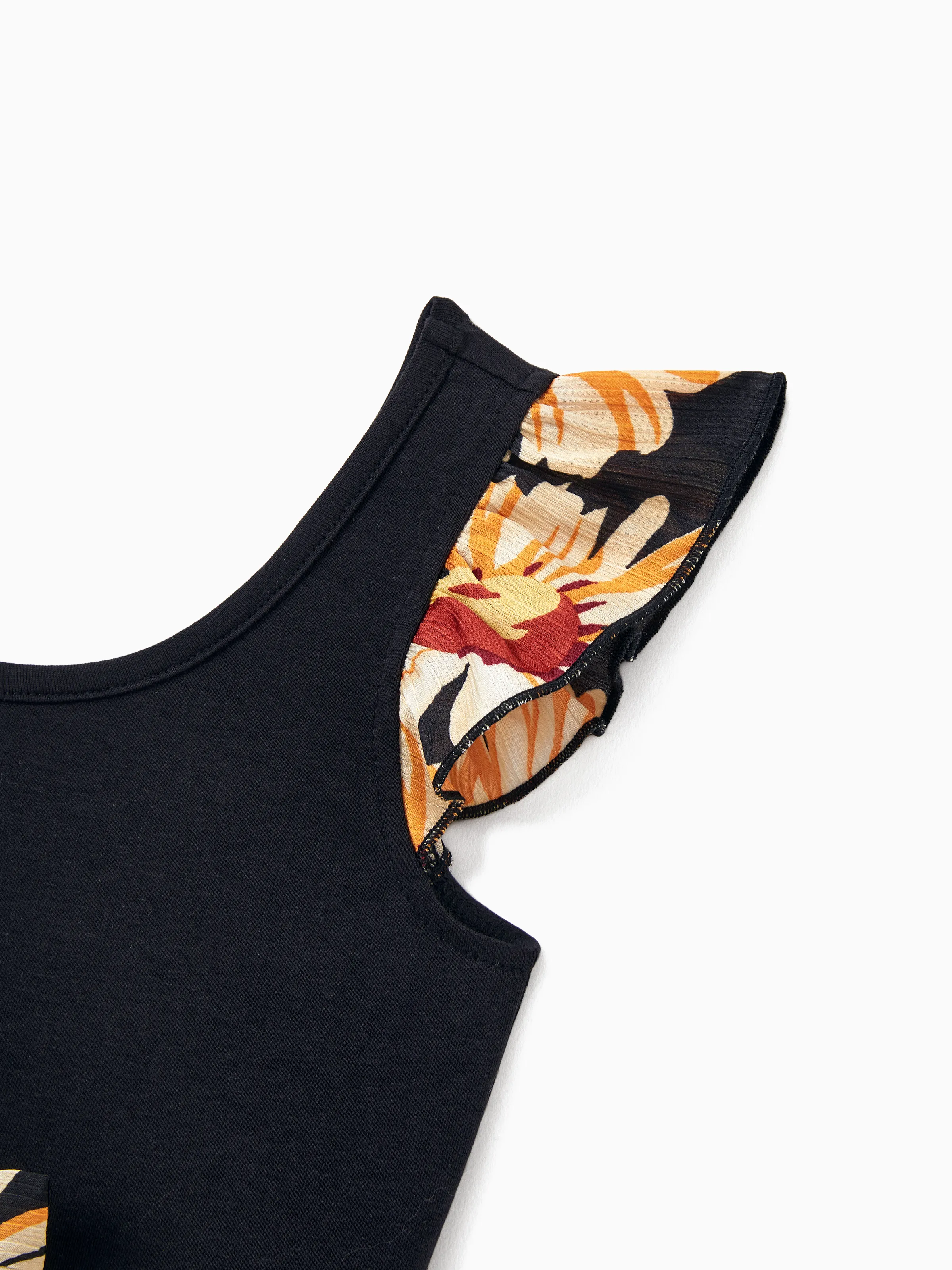Mommy & me Set Floral Sleeveless Strappy Dress or Colorblock Short-sleeve T-shirt Black - Image 16