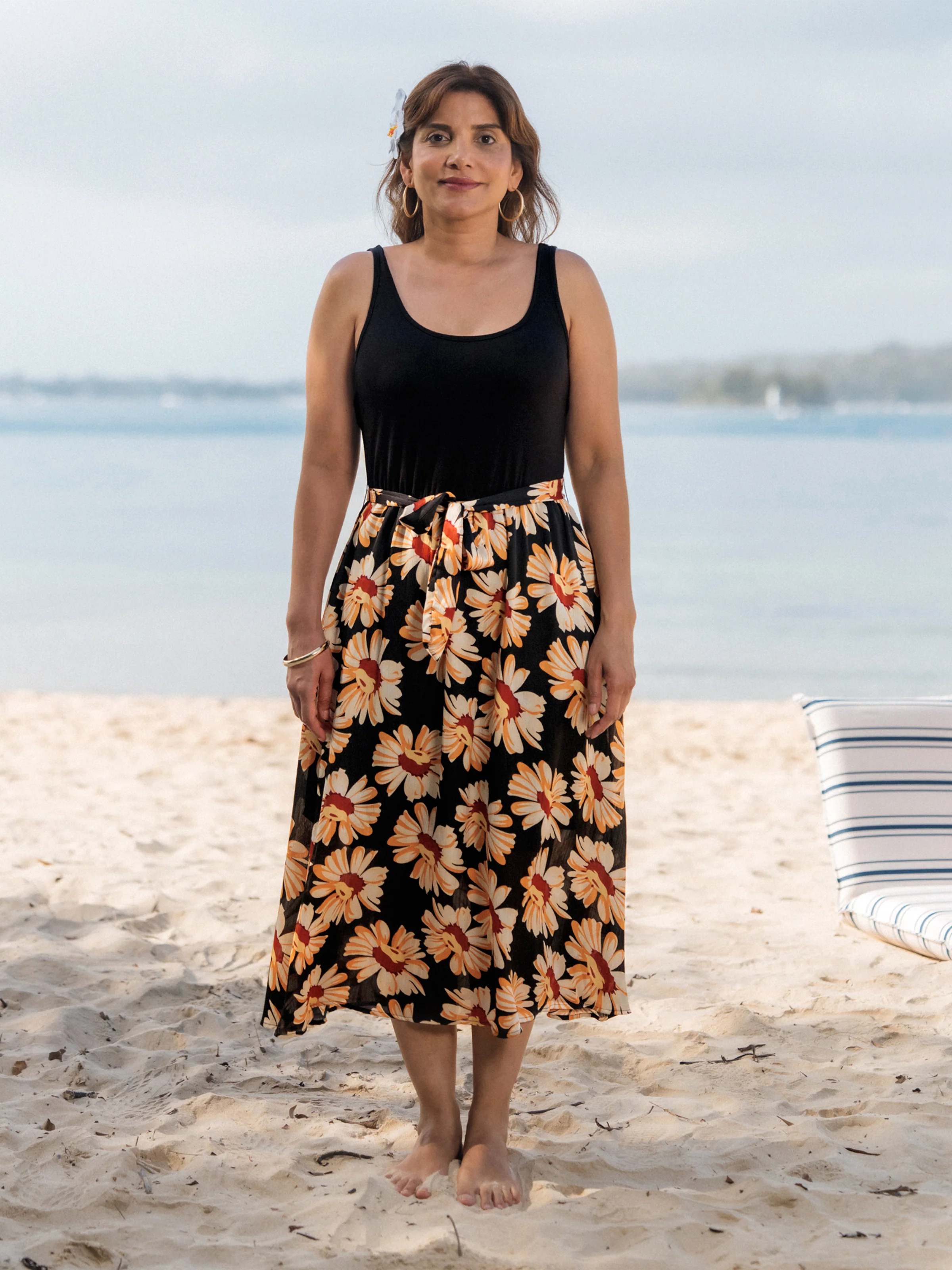 Family Matching Set Floral Sleeveless Strappy Dress or Colorblock Short-sleeve T-shirt  Black - Image 4