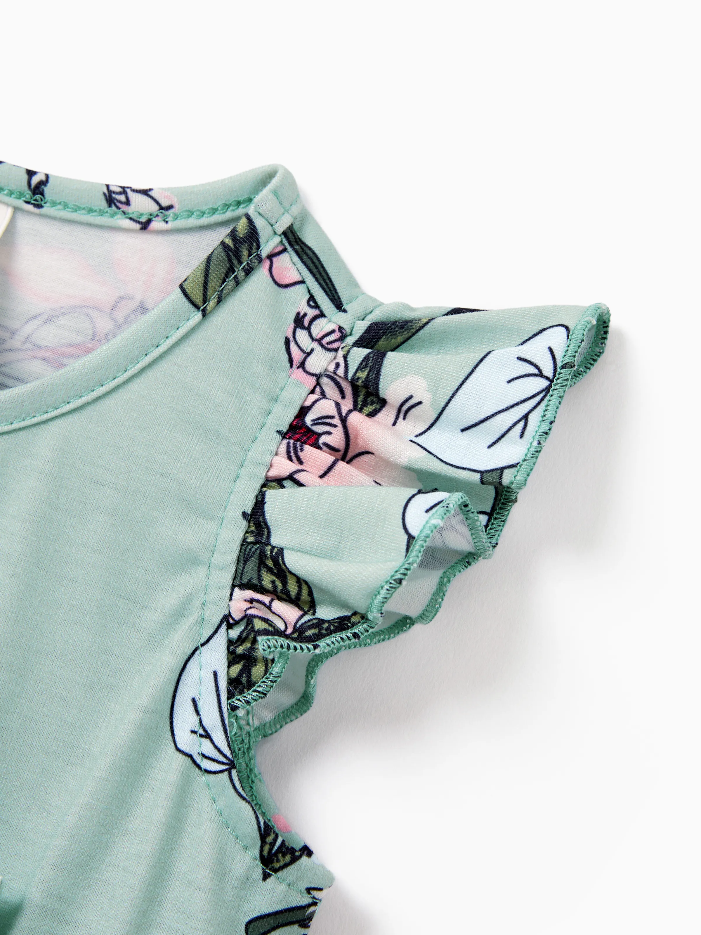Mommy & me Sets Green Striped Polo Shirt or Flora Print Strap Belted Dress Light Green - Image 16