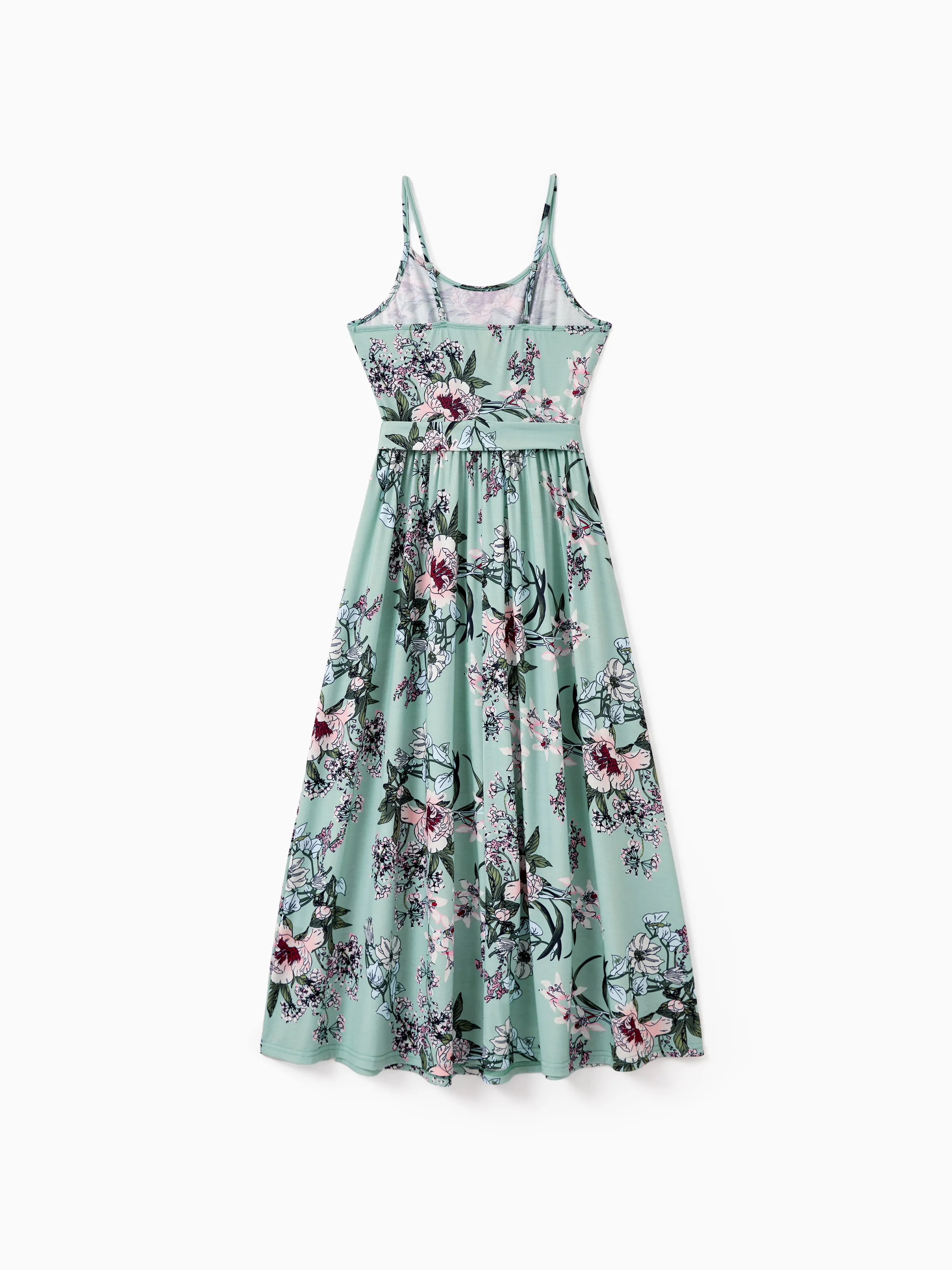 Mommy & me Sets Green Striped Polo Shirt or Flora Print Strap Belted Dress Light Green - Image 4