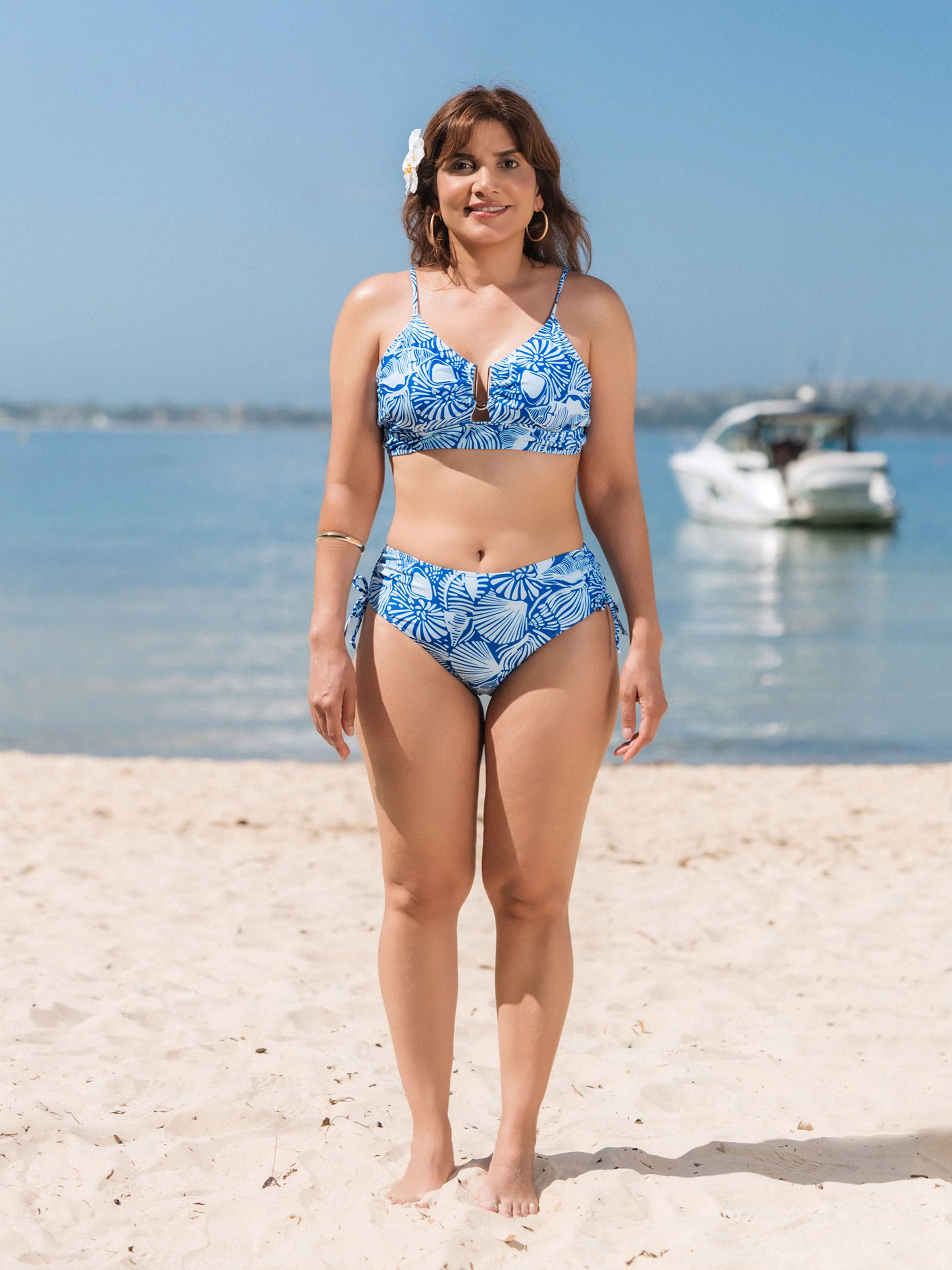 Matching Family Shell Print Swimwear Floral two-piece Bikini & Swim Shorts Set for Mom, Dad, & Kids, Perfect for Beach Days & Pool Parties Blue - Image 3