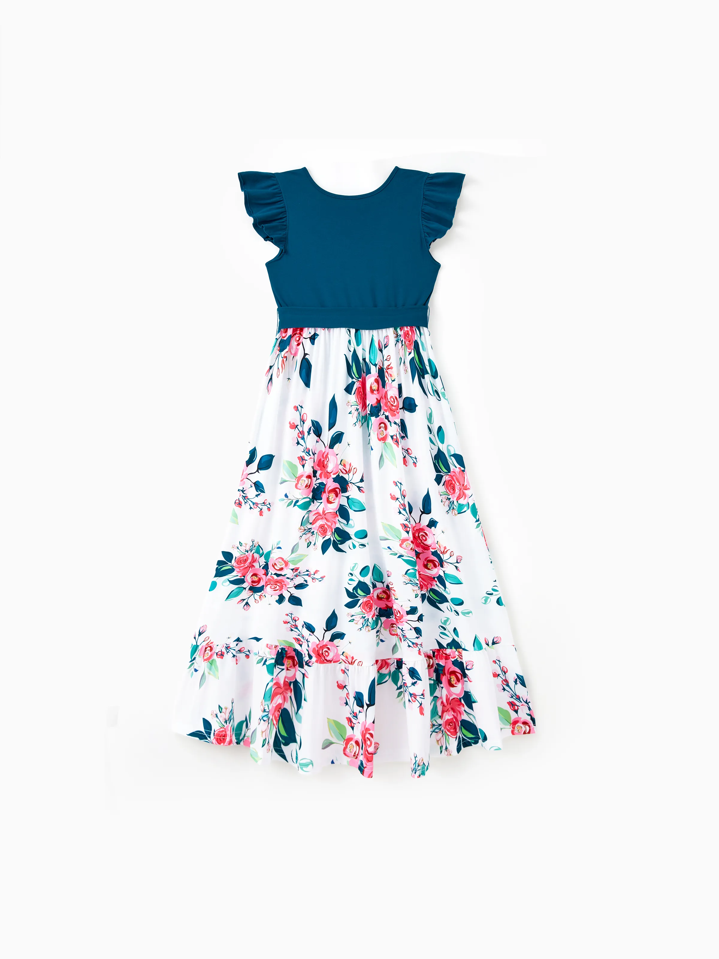 Mommy & me Solid V Neck Flutter-sleeve Splicing Floral Print Dresses  Sets Azure- - Image 5