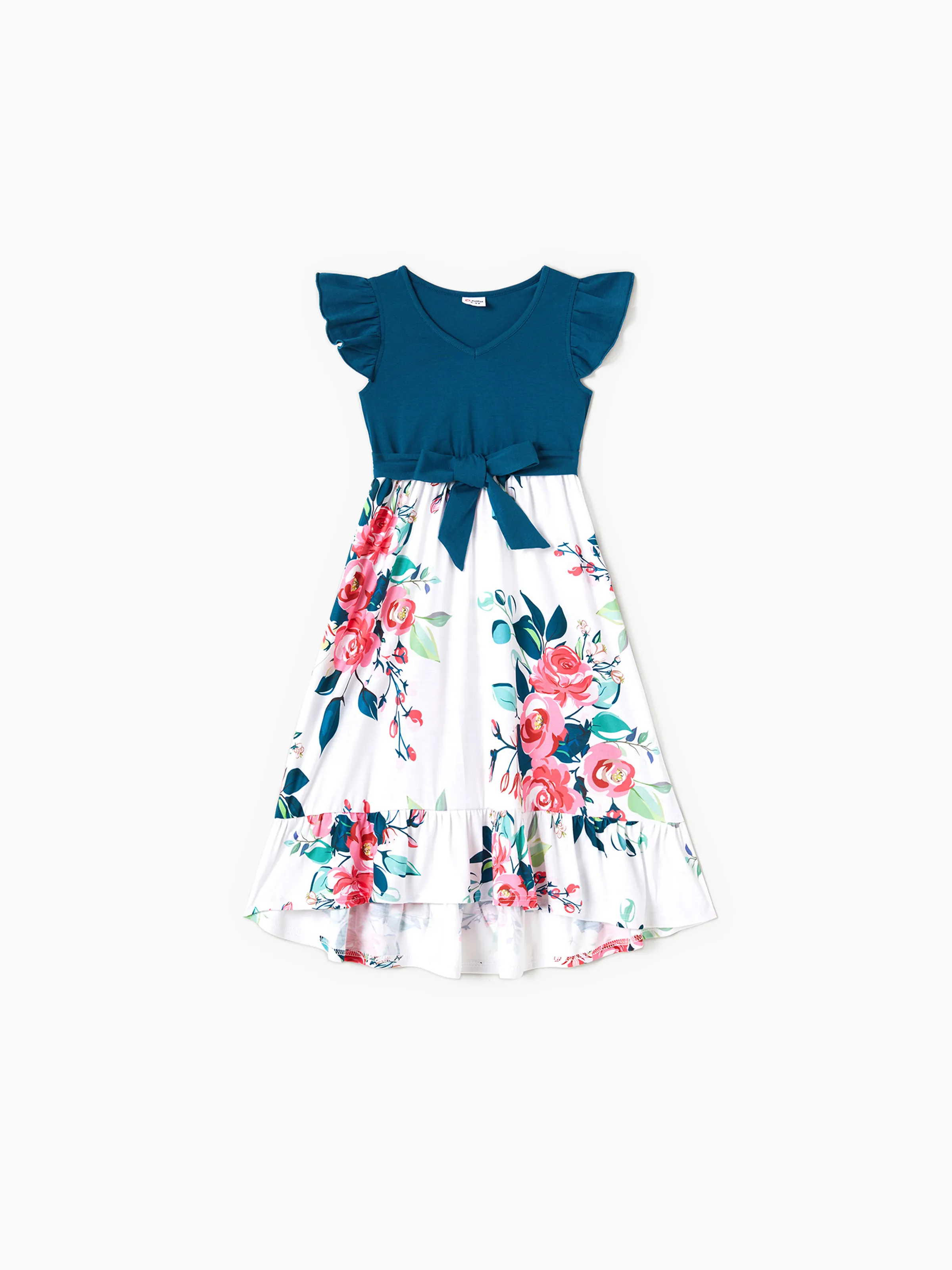 Mommy & me Solid V Neck Flutter-sleeve Splicing Floral Print Dresses  Sets Azure- - Image 9