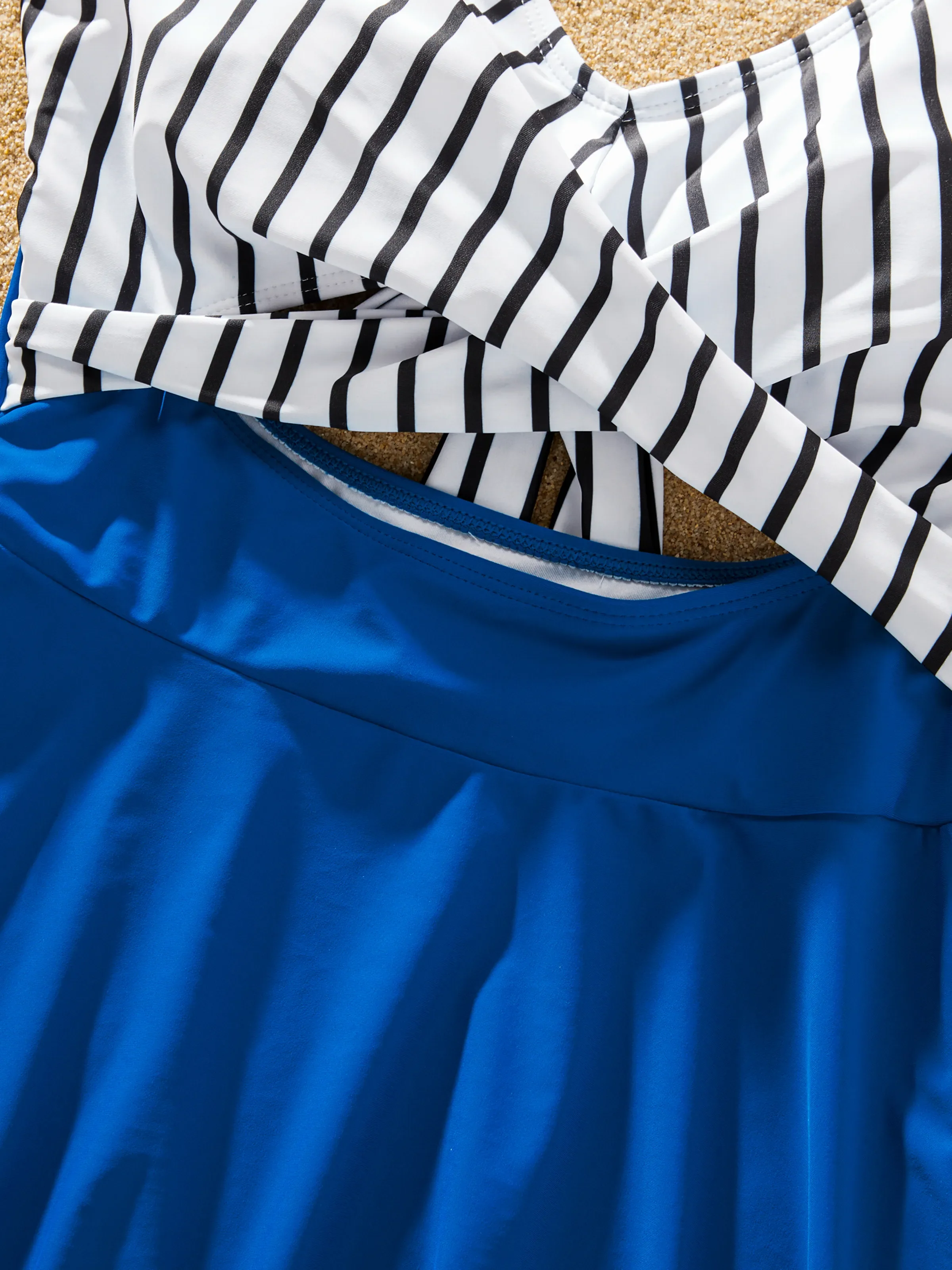 Mommy & me Swimsuit Striped Blue Spliced Tankini with Cross-Front, Tie-Back, and Thin Straps Color block - Image 7