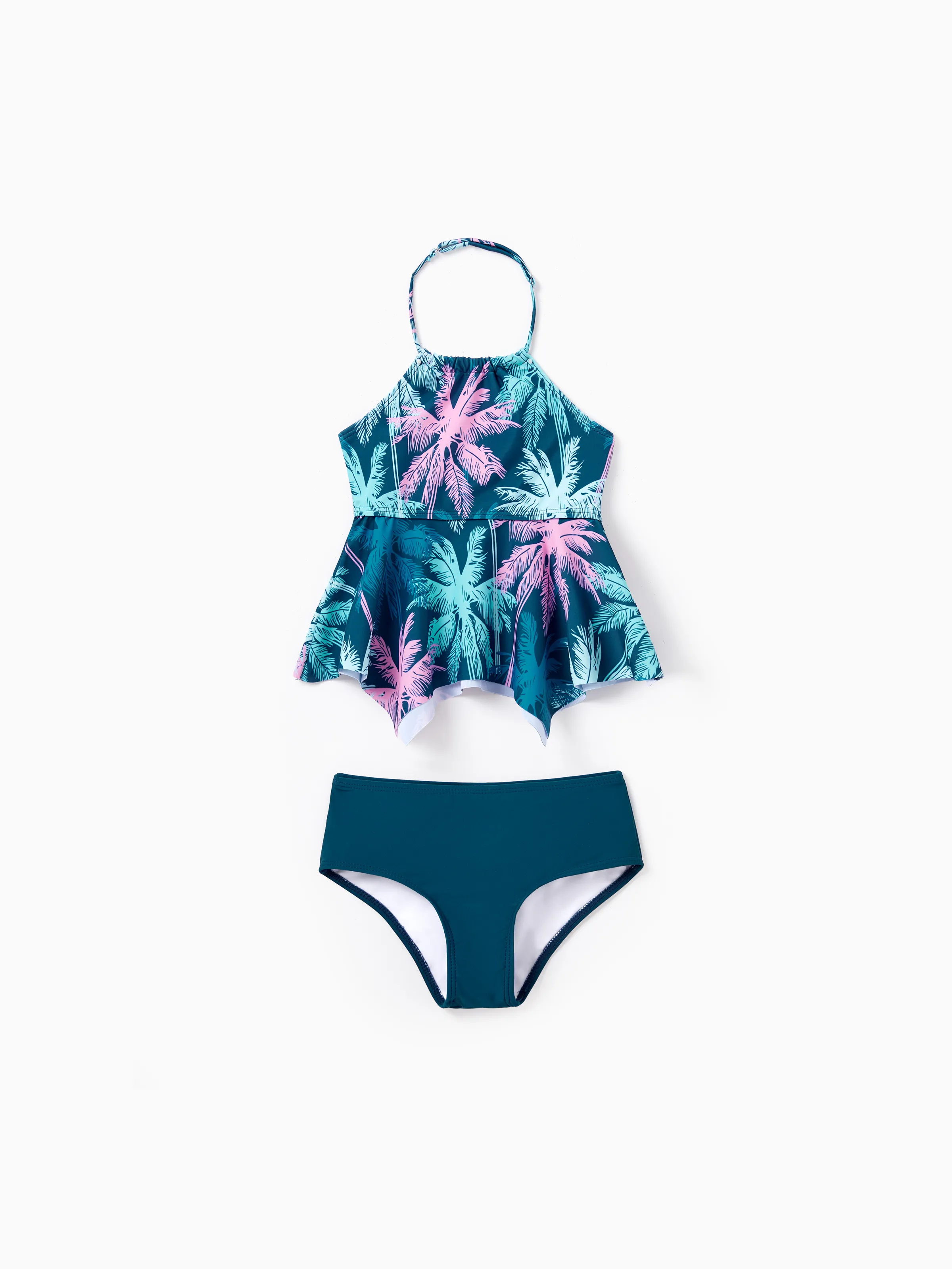 Mommy & me Swimsuits Tropical Palm Tree Print, Mommy and Me Ruffle two-piece Swimsuit, Beach Vacation Swimwear Turquoise - Image 13