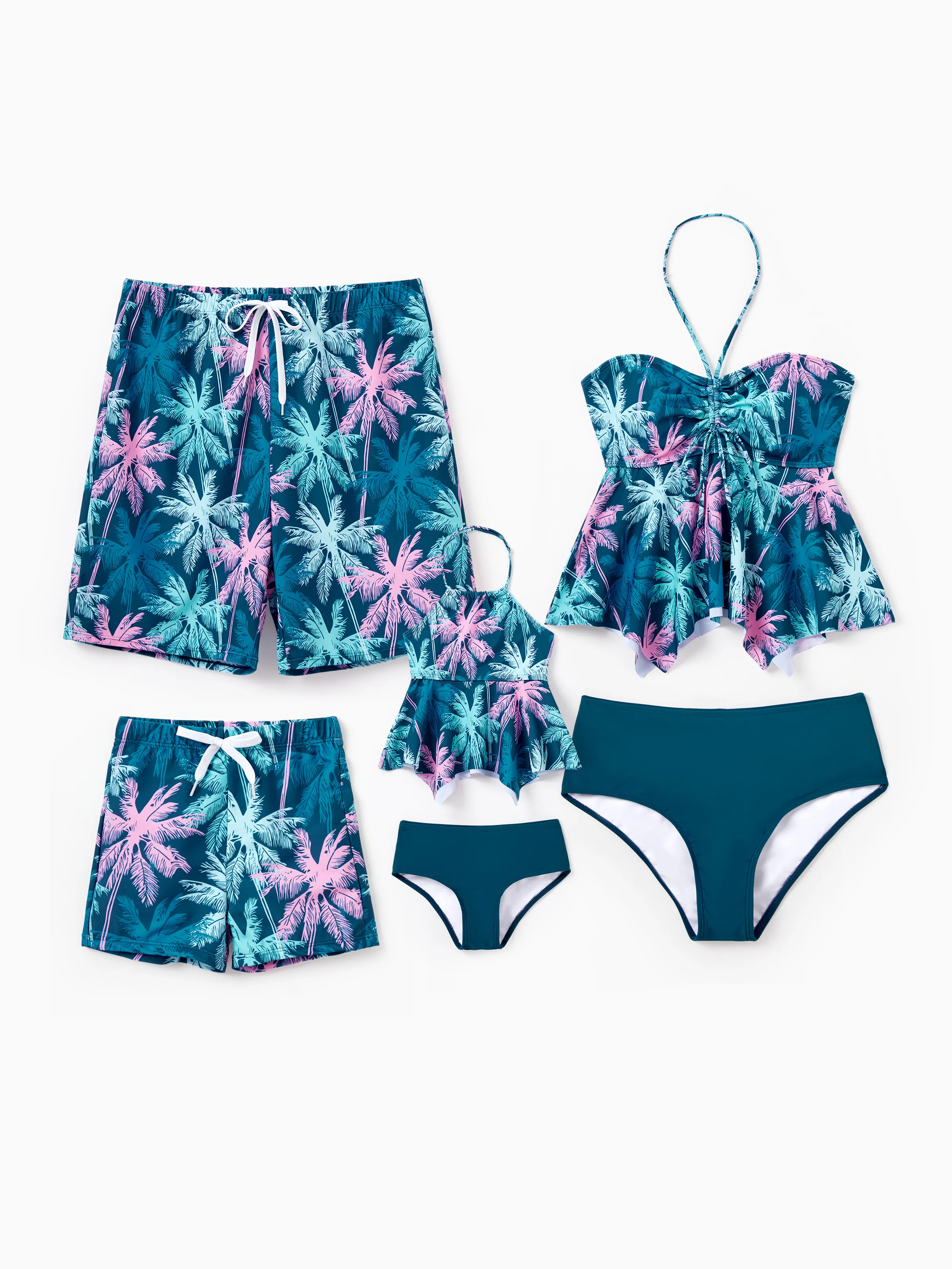 Mommy & me Swimsuits Tropical Palm Tree Print, Mommy and Me Ruffle two-piece Swimsuit, Beach Vacation Swimwear Turquoise - Image 3