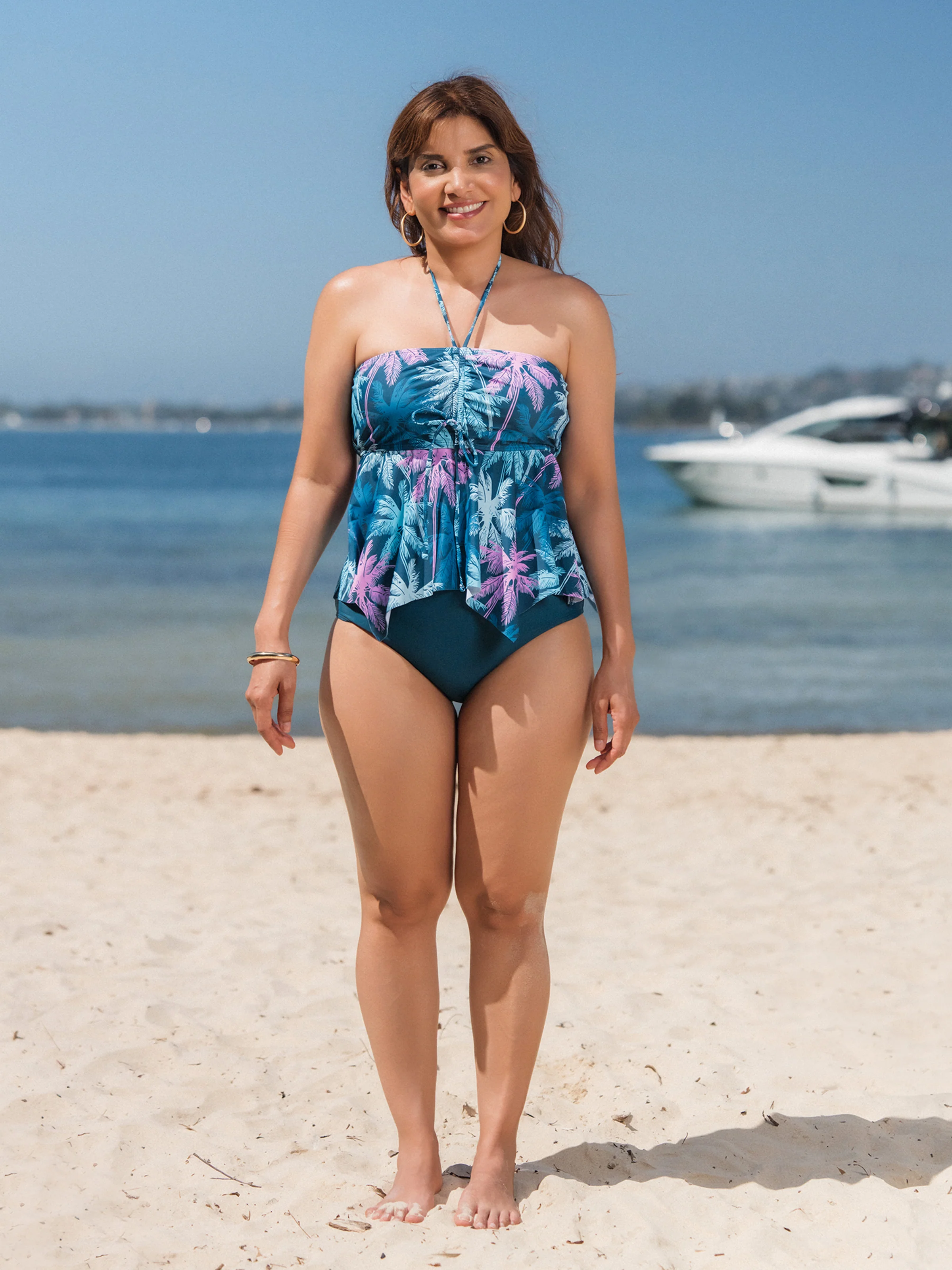 Family Matching Swimsuits Tropical Palm Tree Print, Mommy and Me Ruffle two-piece Swimsuit, Daddy and Son Swim Trunks Set, Beach Vacation Swimwear Turquoise - Image 3