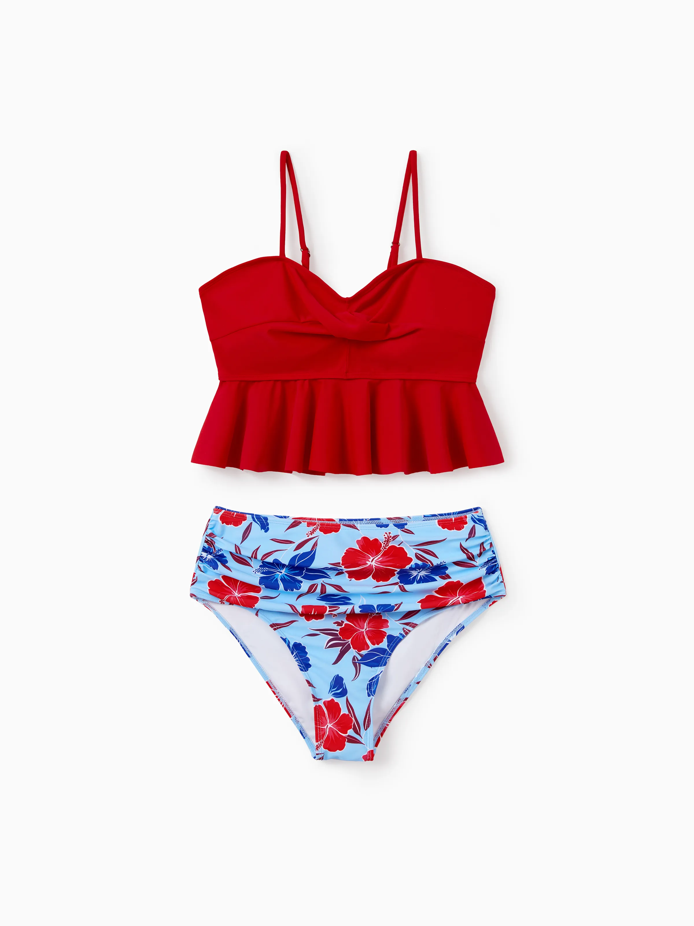Mommy & me Swimwear Floral Print Bikini & Swim Trunks Set for Mom, Dad, & Kids, Perfect for Summer Beach Days & Pool Parties Red - Image 3
