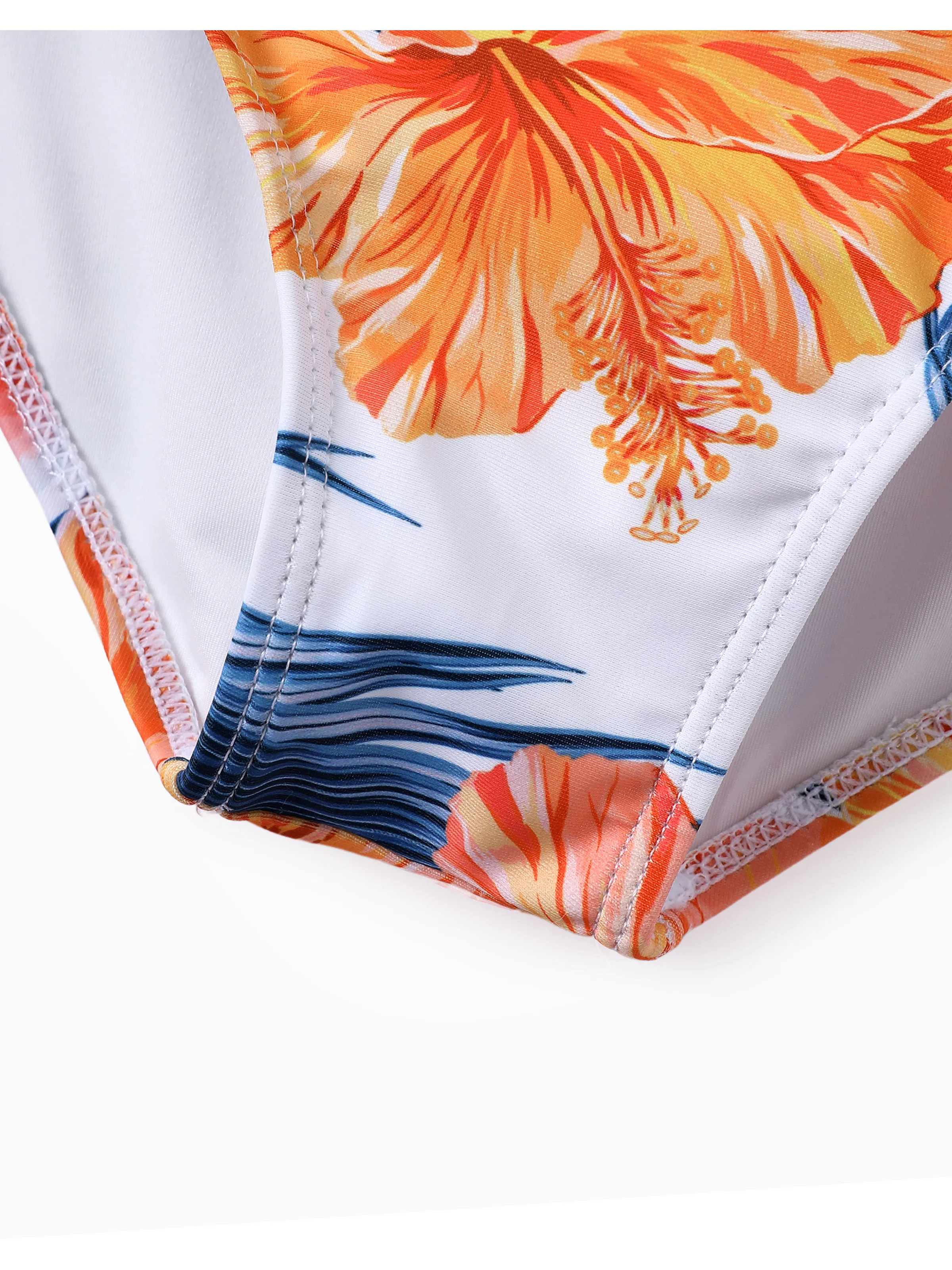 Mommy & me Swimwear Tropical Floral Bikini Set with Ruffle Top for Mom & Daughter, Board Shorts for Dad & Son, Bright Summer Beach Outfits Orange - Image 12