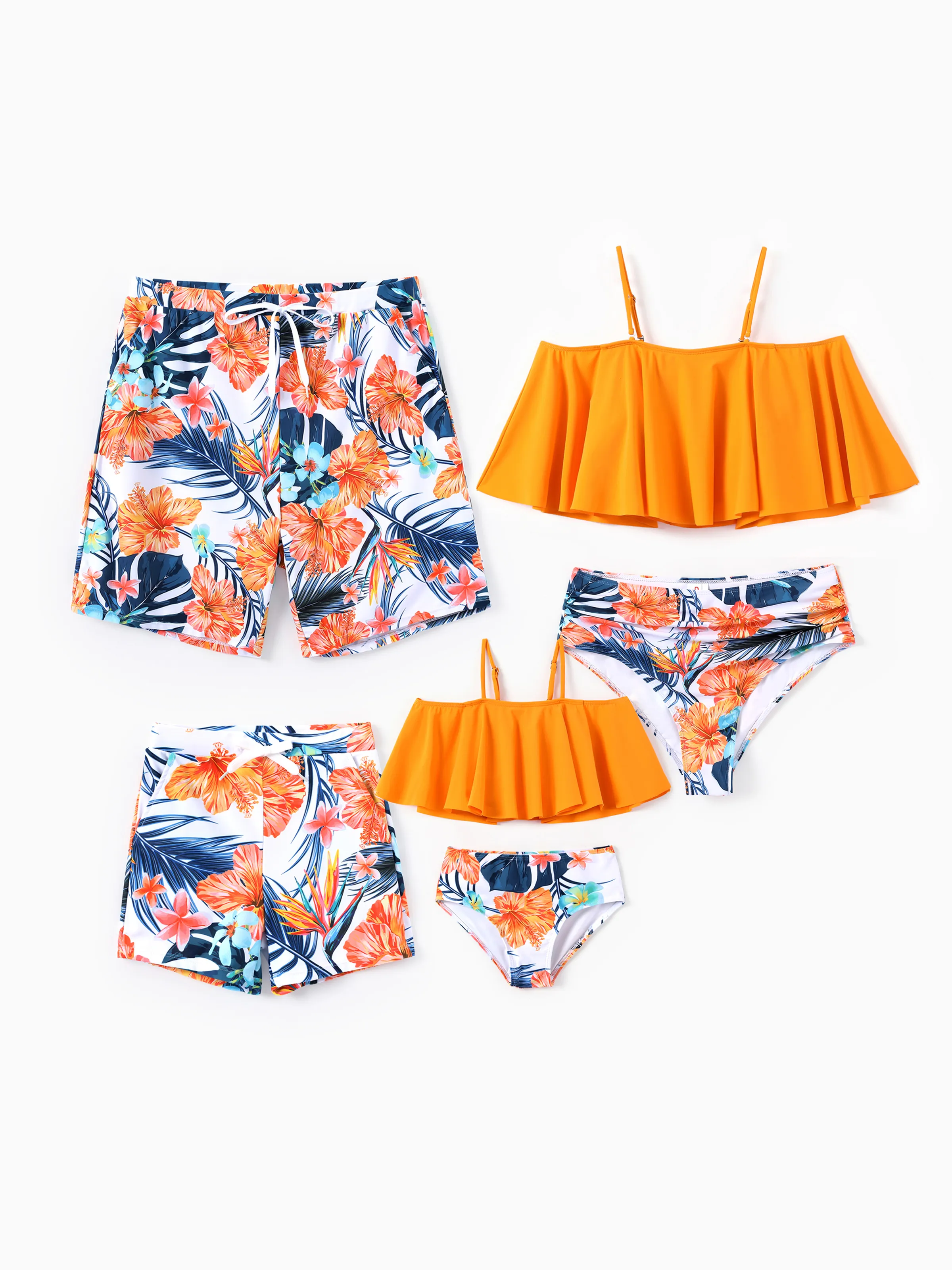 Mommy & me Swimwear Tropical Floral Bikini Set with Ruffle Top for Mom & Daughter, Board Shorts for Dad & Son, Bright Summer Beach Outfits Orange - Image 2
