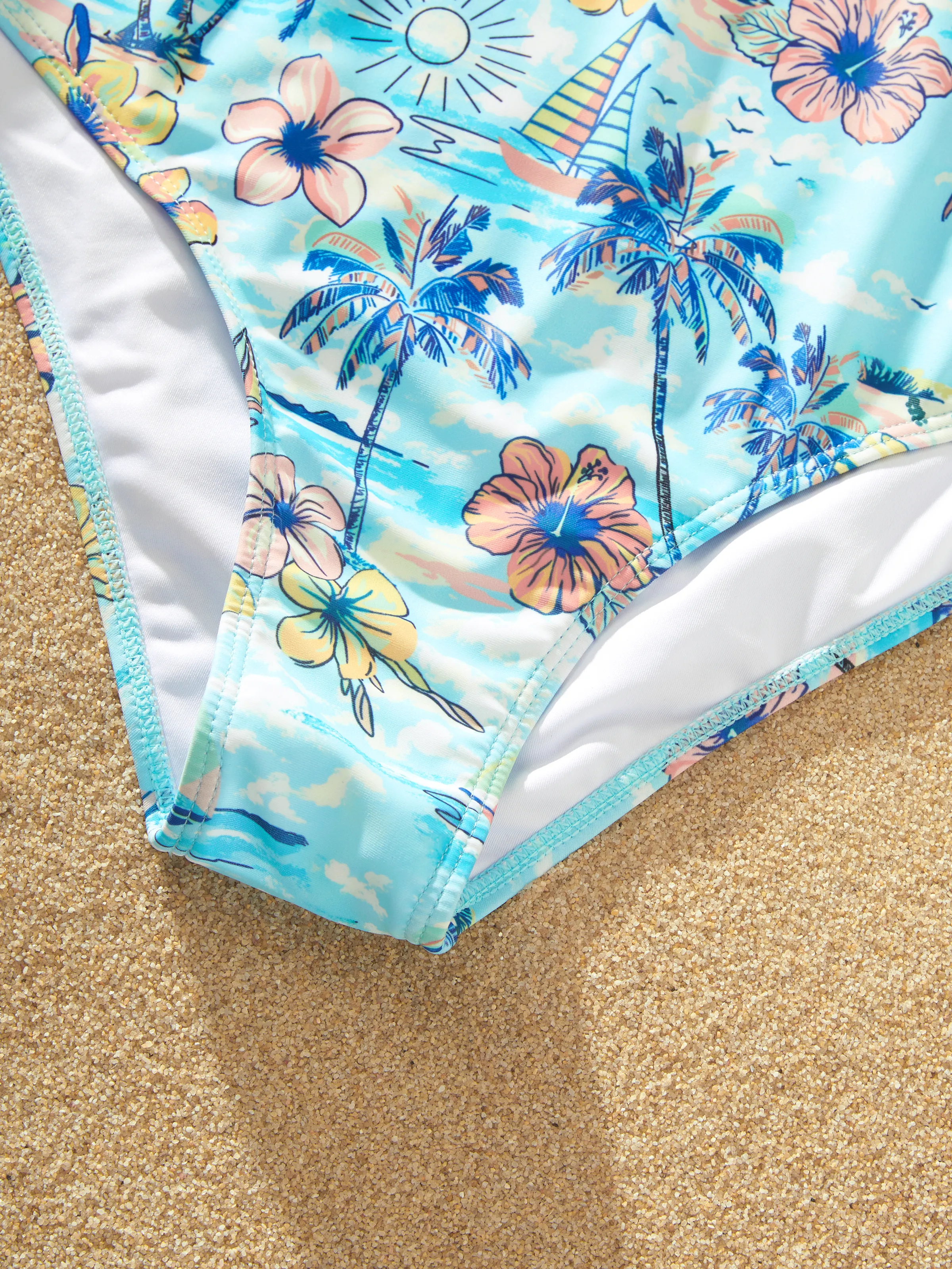 Mommy & me Swimwear Tropical Print, Mommy Tie-front Cutout One-piece Swimsuit, Girl two-piece Swimsuit Daddy & Son Swim Trunks Set for Summer Beach Vacation Light Blue - Image 10