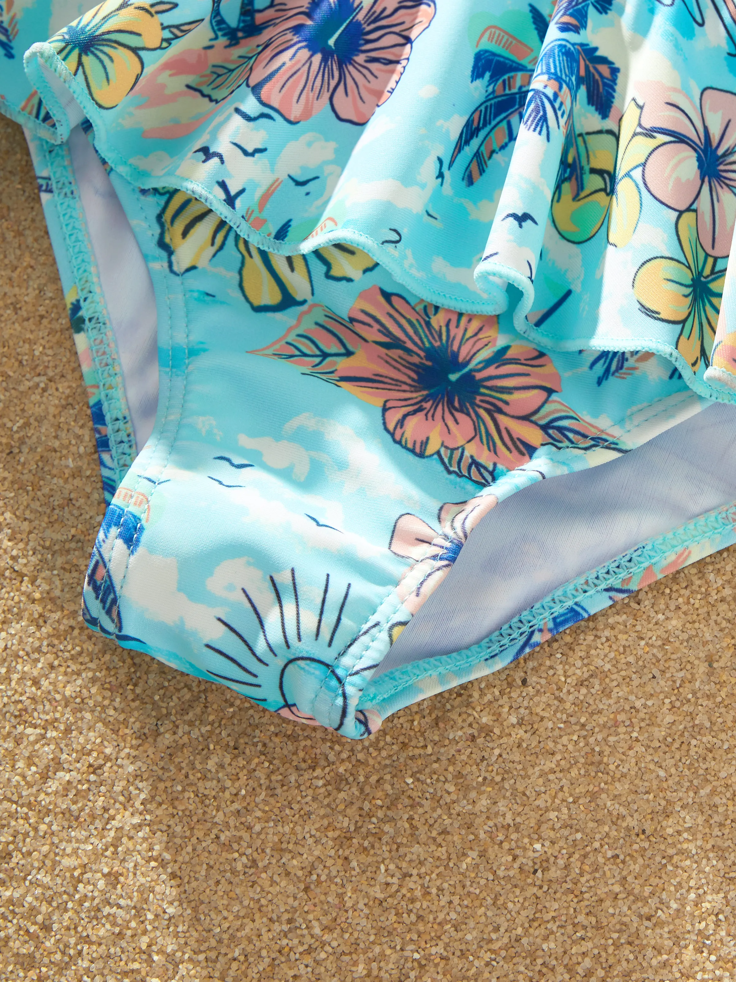Mommy & me Swimwear Tropical Print, Mommy Tie-front Cutout One-piece Swimsuit, Girl two-piece Swimsuit Daddy & Son Swim Trunks Set for Summer Beach Vacation Light Blue - Image 17