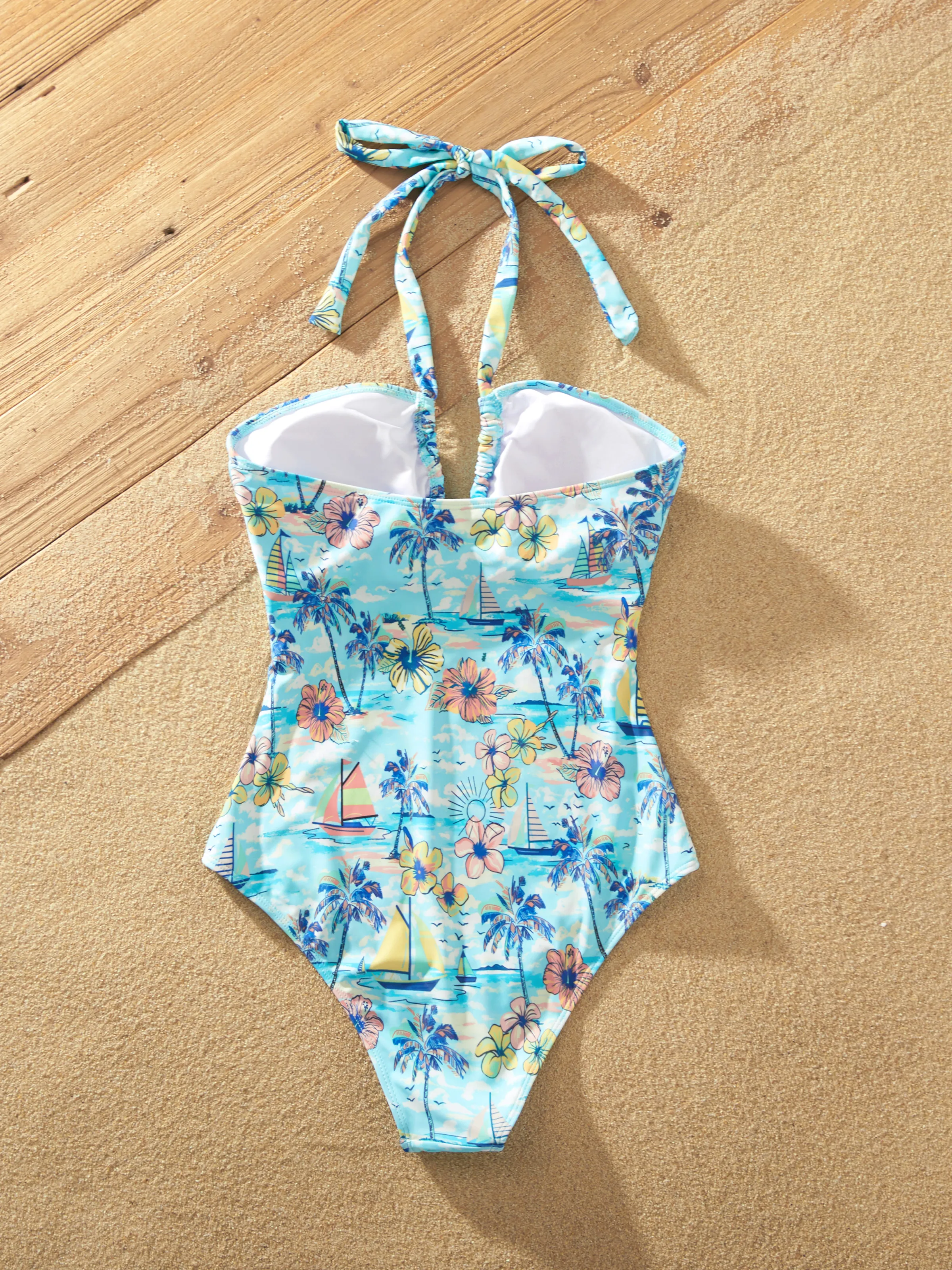 Mommy & me Swimwear Tropical Print, Mommy Tie-front Cutout One-piece Swimsuit, Girl two-piece Swimsuit Daddy & Son Swim Trunks Set for Summer Beach Vacation Light Blue - Image 7