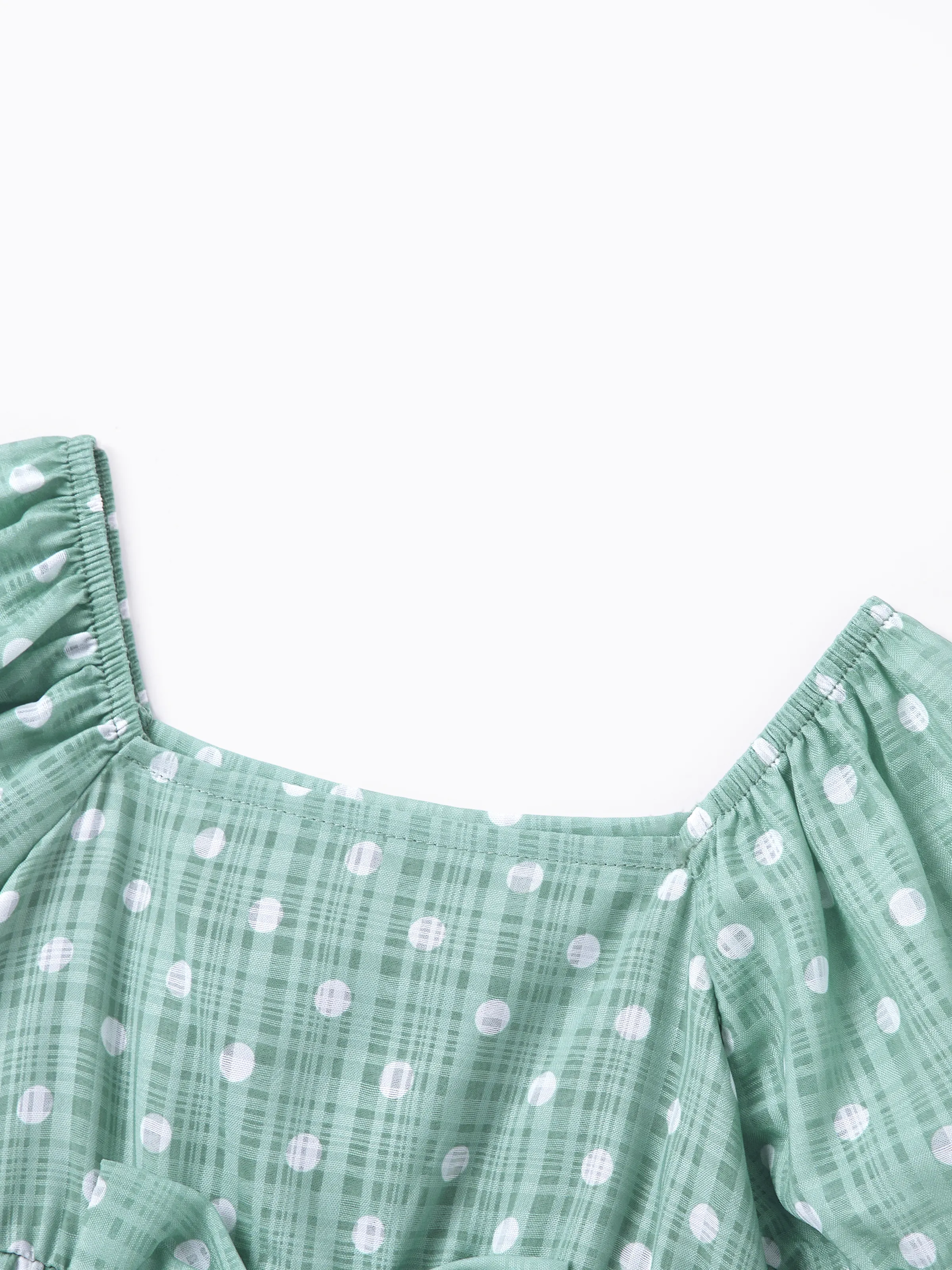 Mommy & me T-Shirt & Dress Set Polka Dot Puff-sleeve Dress for Mom, Daughter & Baby, Color Block Cotton Tee for Dad & Son, Perfect for Family Outings & Photos Light Green - Image 21
