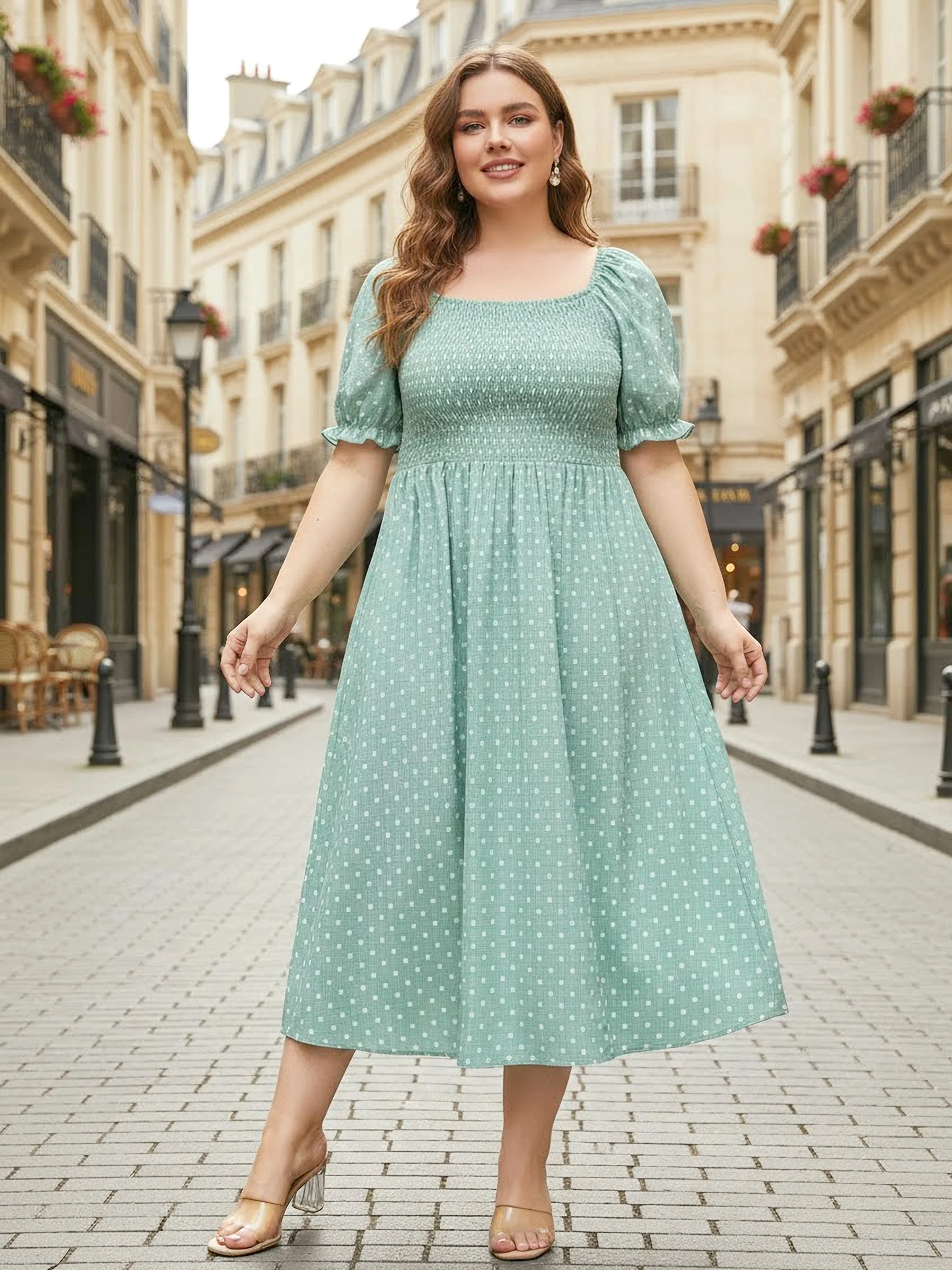 Family Matching T-Shirt & Dress Set Polka Dot Puff-sleeve Dress for Mom, Daughter & Baby, Color Block Cotton Tee for Dad & Son, Perfect for Family Outings & Photos Light Green - Image 2