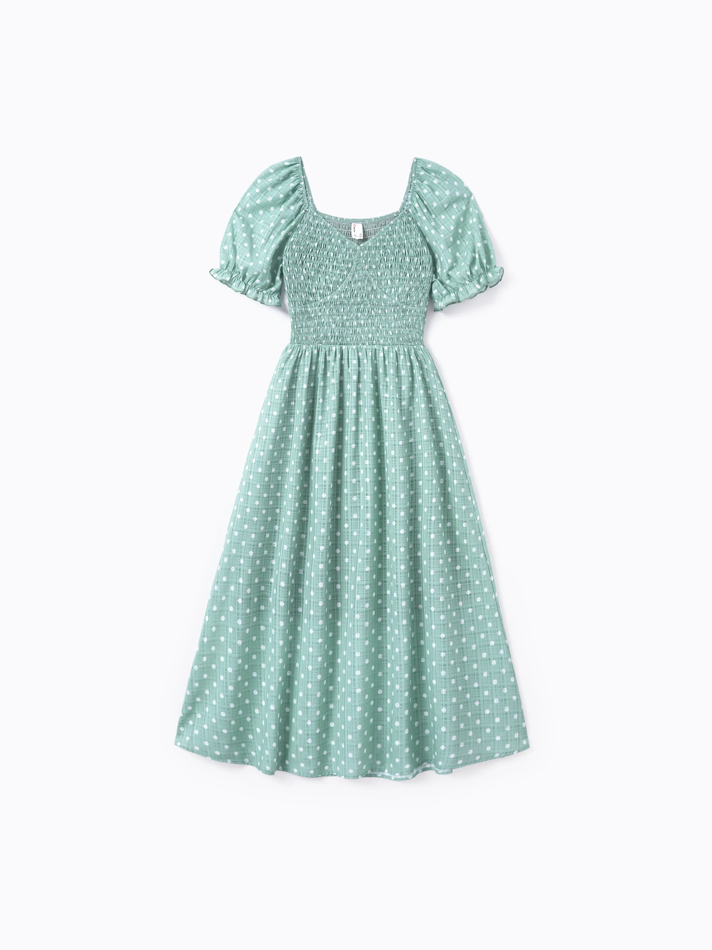 Mommy & me T-Shirt & Dress Set Polka Dot Puff-sleeve Dress for Mom, Daughter & Baby, Color Block Cotton Tee for Dad & Son, Perfect for Family Outings & Photos Light Green - Image 6
