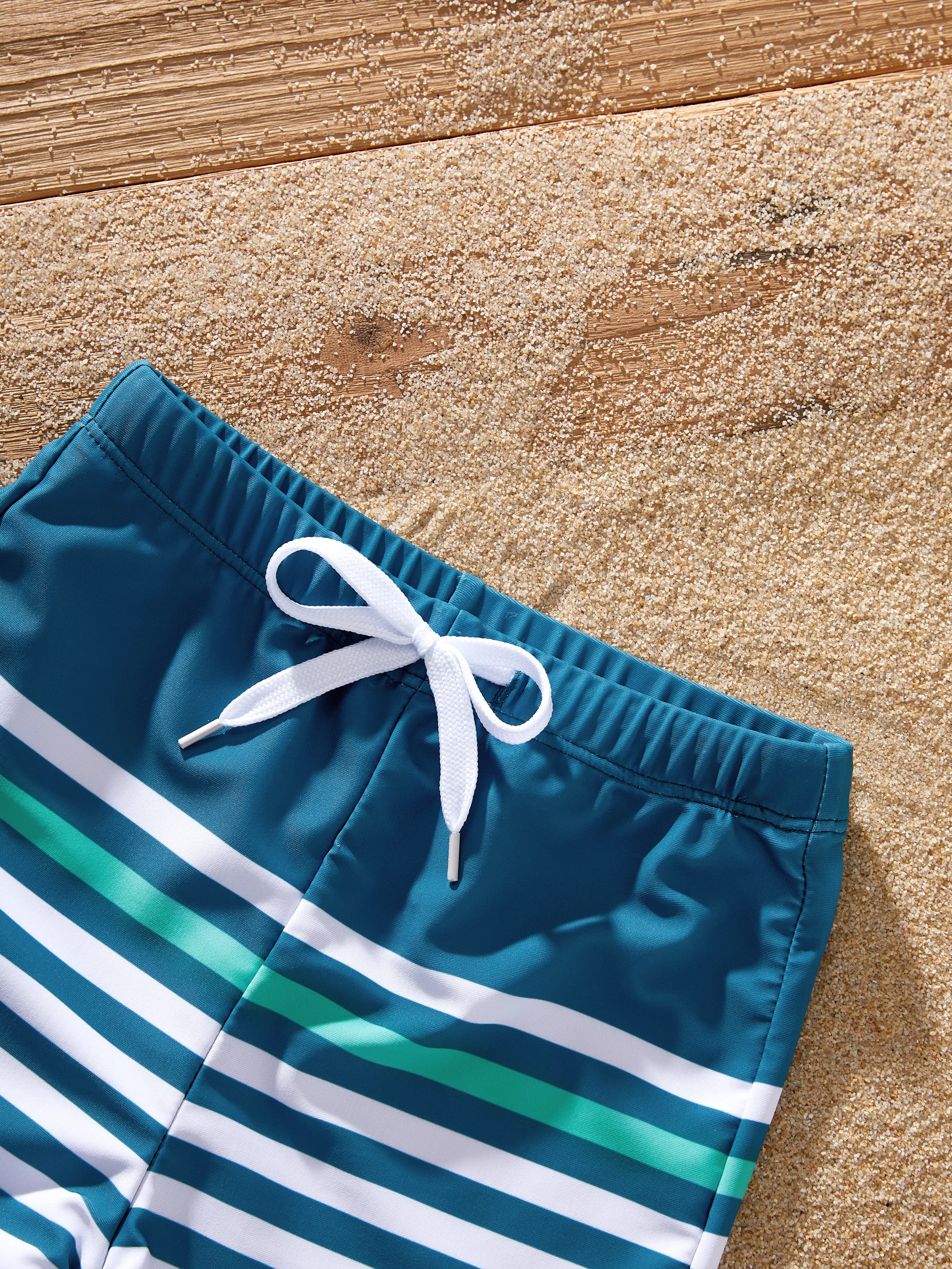Mommy & me Teal Striped Swimsuits Ruched Bikini & Swim Trunks Set Multi-color - Image 15