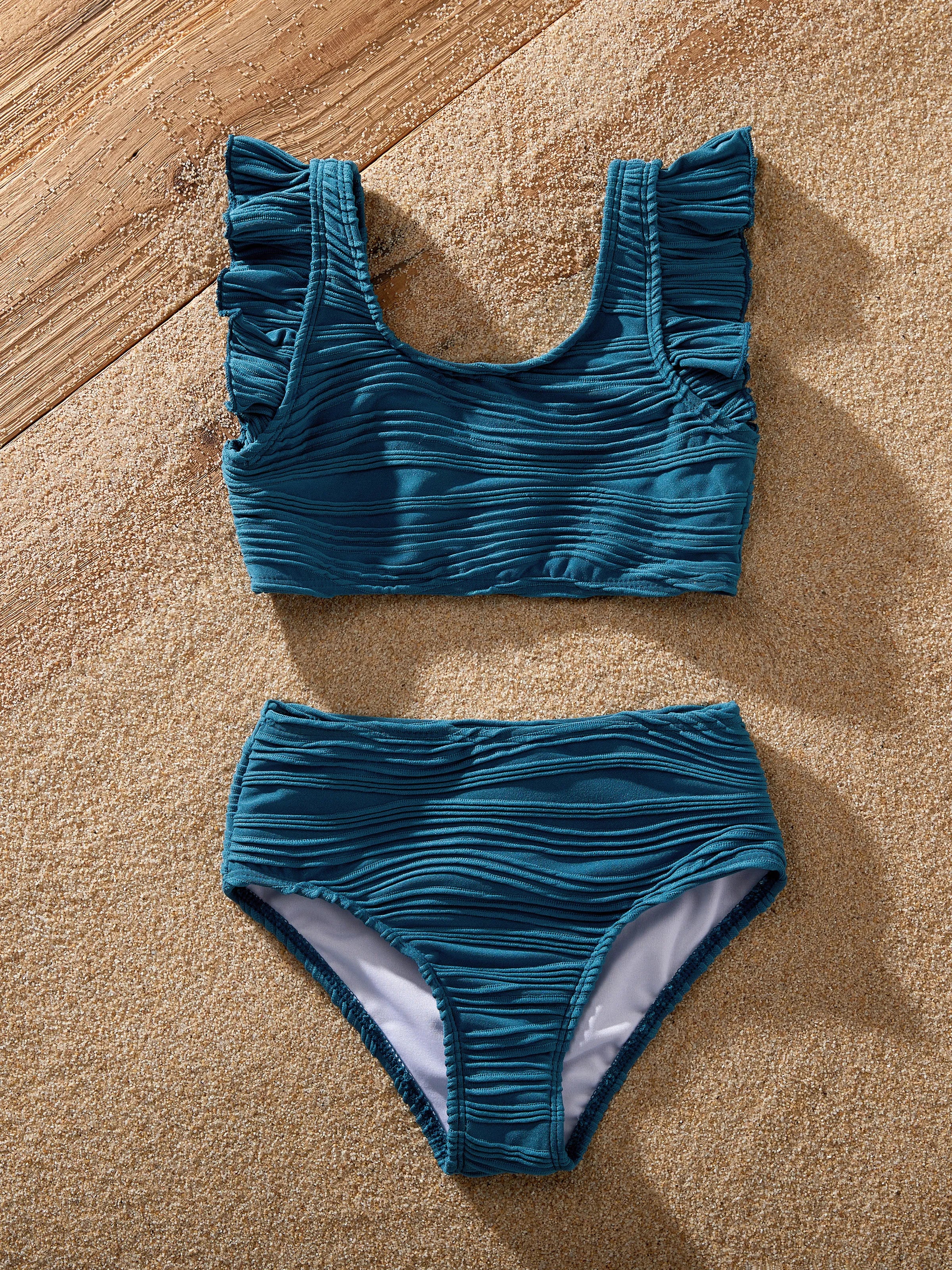 Mommy & me Teal Striped Swimsuits Ruched Bikini & Swim Trunks Set Multi-color - Image 8