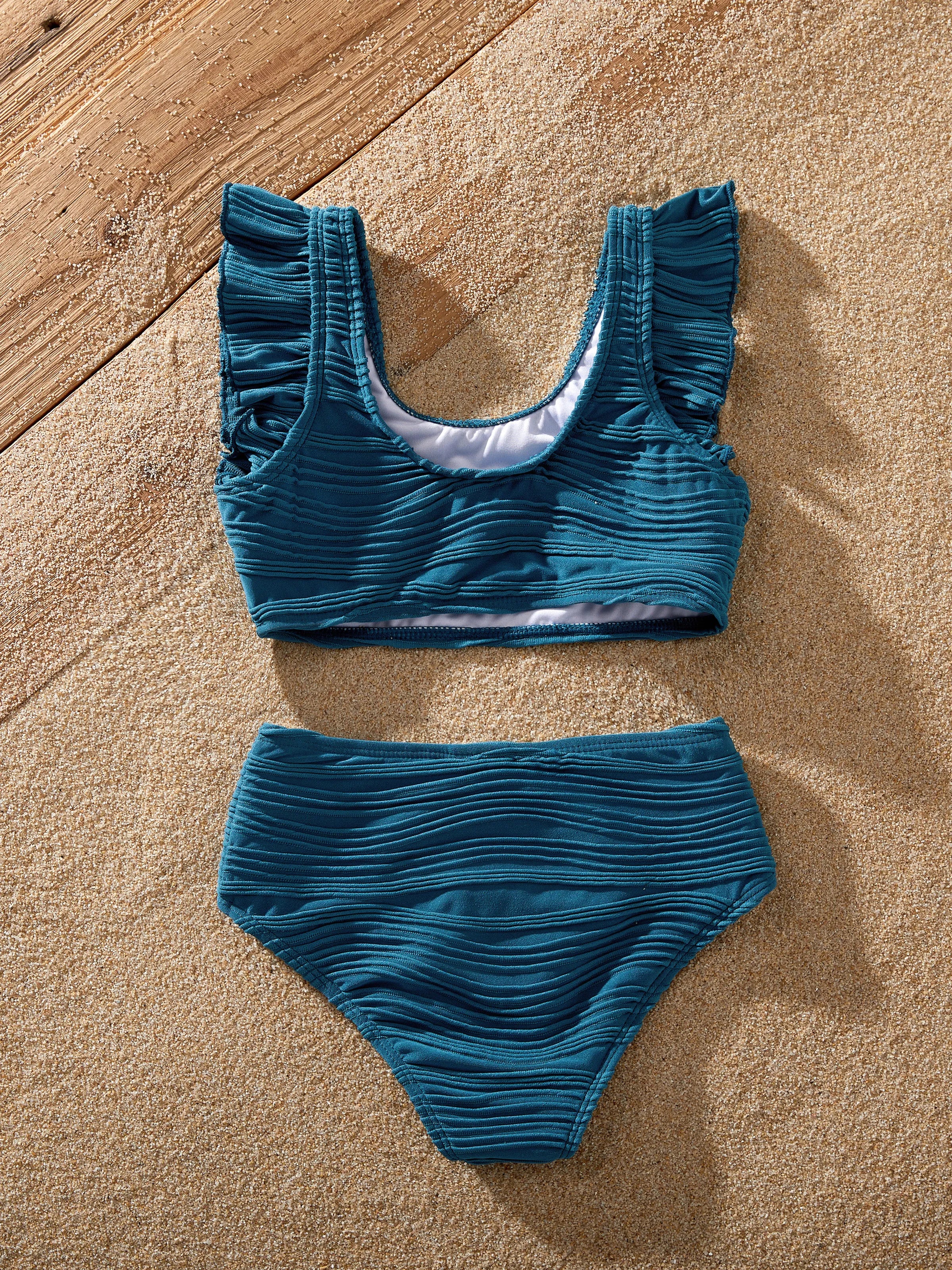 Mommy & me Teal Striped Swimsuits Ruched Bikini & Swim Trunks Set Multi-color - Image 9