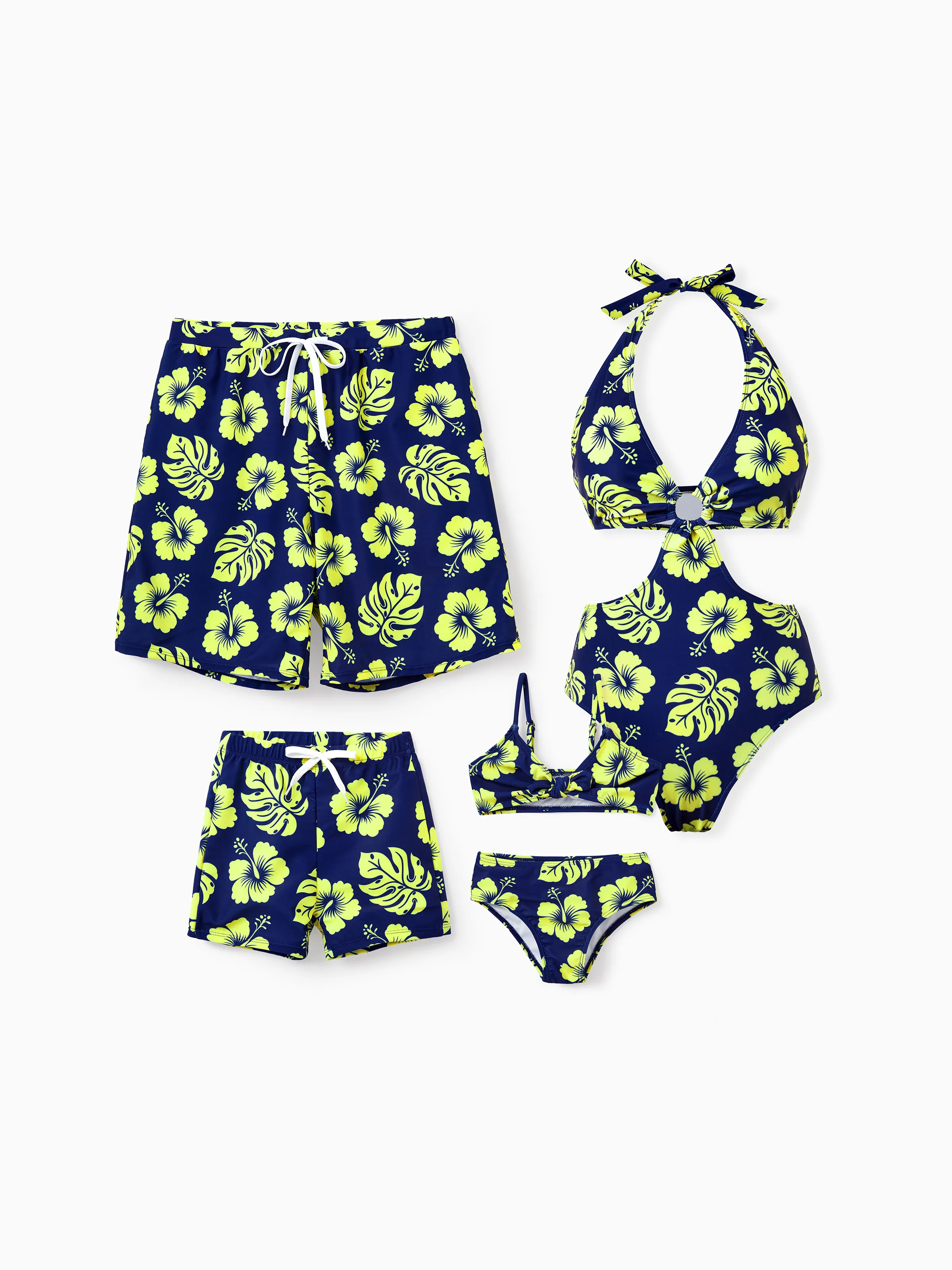 Mommy & me Tropical Floral Swimsuits Halter Bikini & Swim Trunks Set Deep Blue - Image 3