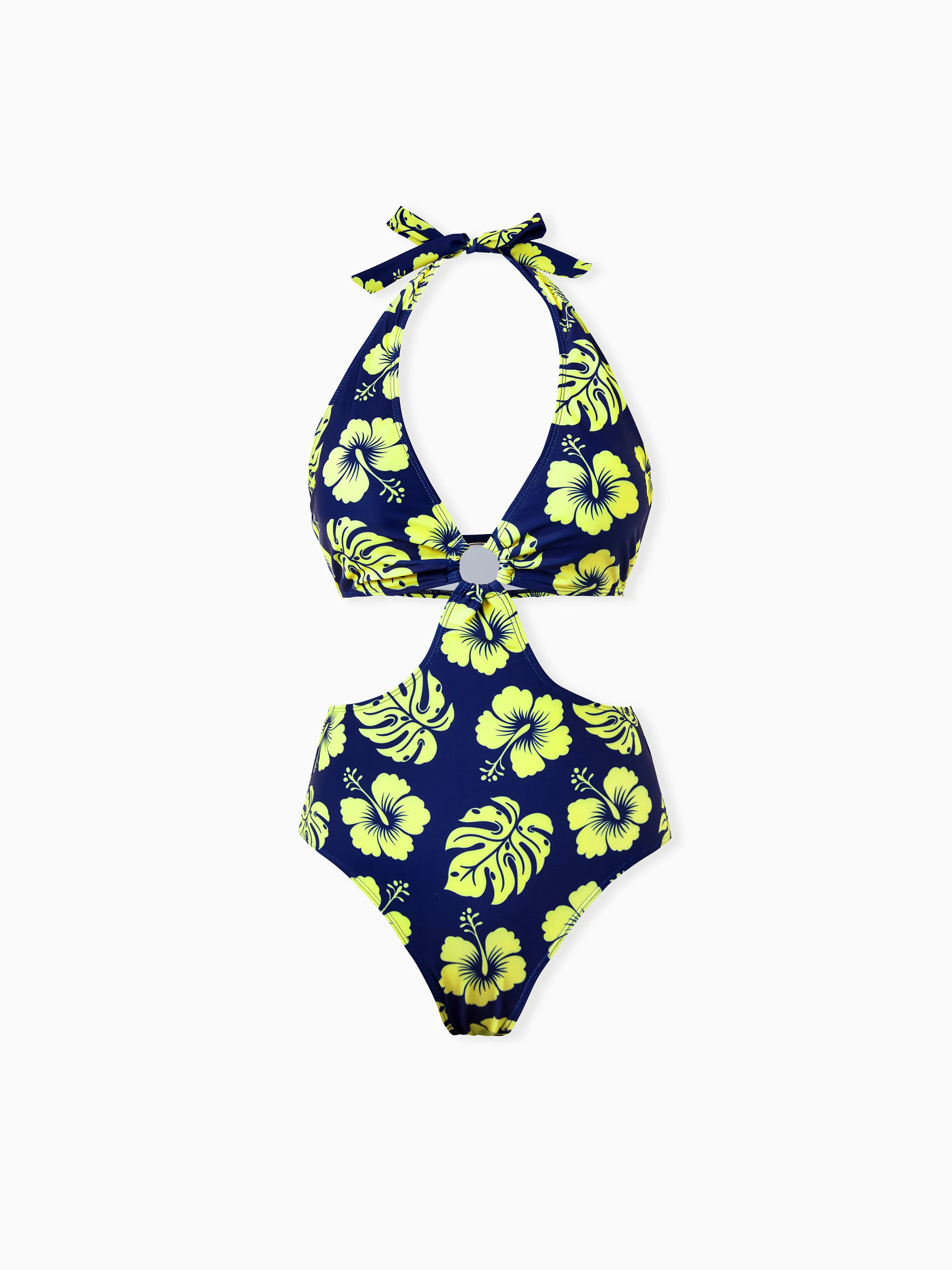 Mommy & me Tropical Floral Swimsuits Halter Bikini & Swim Trunks Set Deep Blue - Image 6