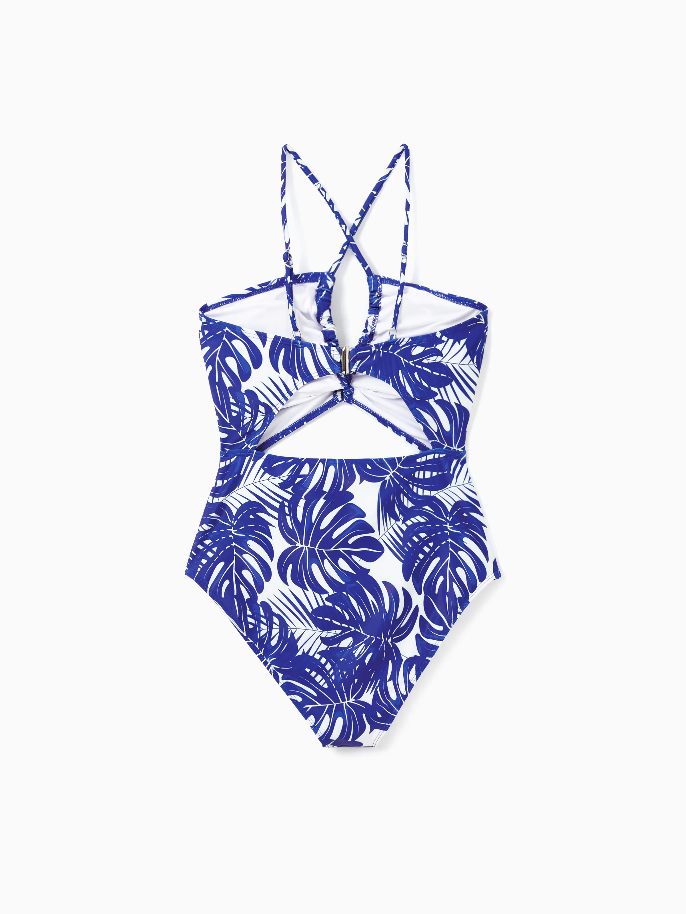 Mommy & me Tropical Leaf Print Hollow-out  Crisscross Straps One-piece Swimsuit Blue - Image 4