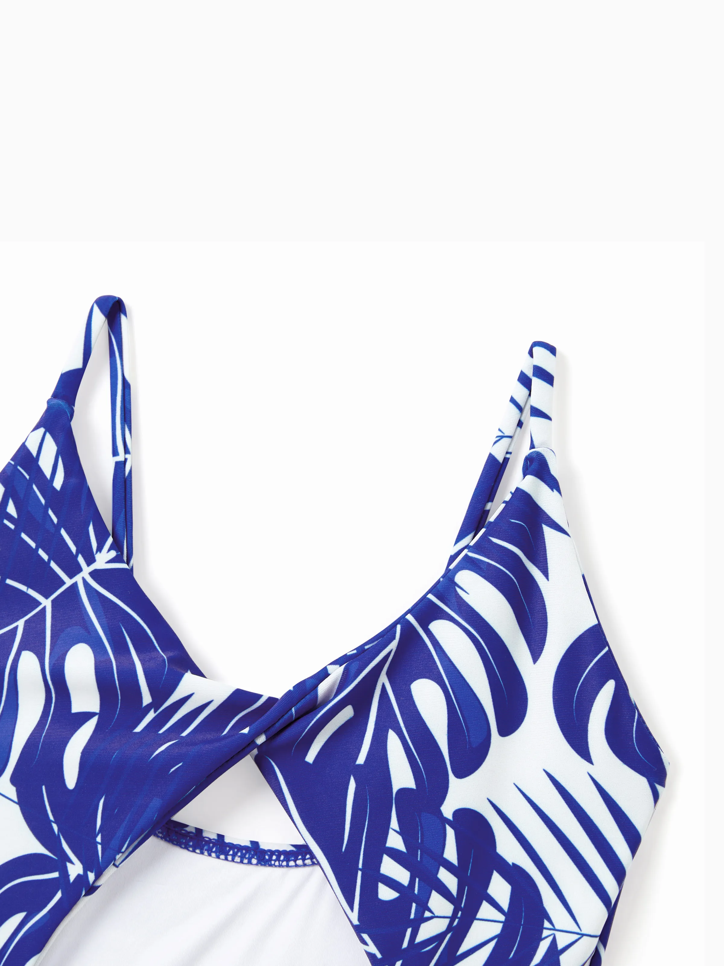 Mommy & me Tropical Leaf Print Hollow-out  Crisscross Straps One-piece Swimsuit Blue - Image 8