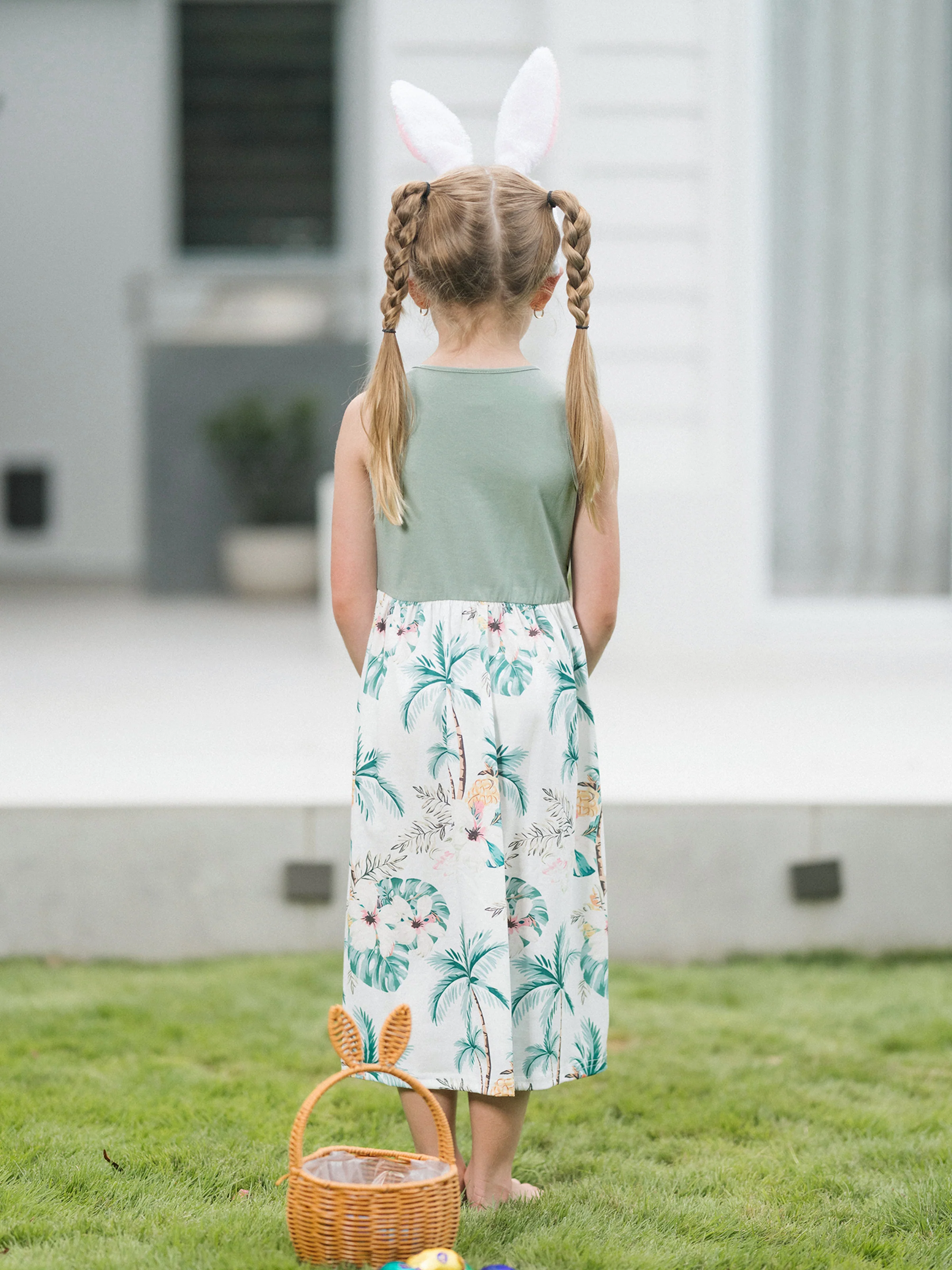 Family Matching Tropical Print Outfits Mommy & Me Tank Dress & Dad/Kids Cotton T-Shirt Set
 Green - Image 11