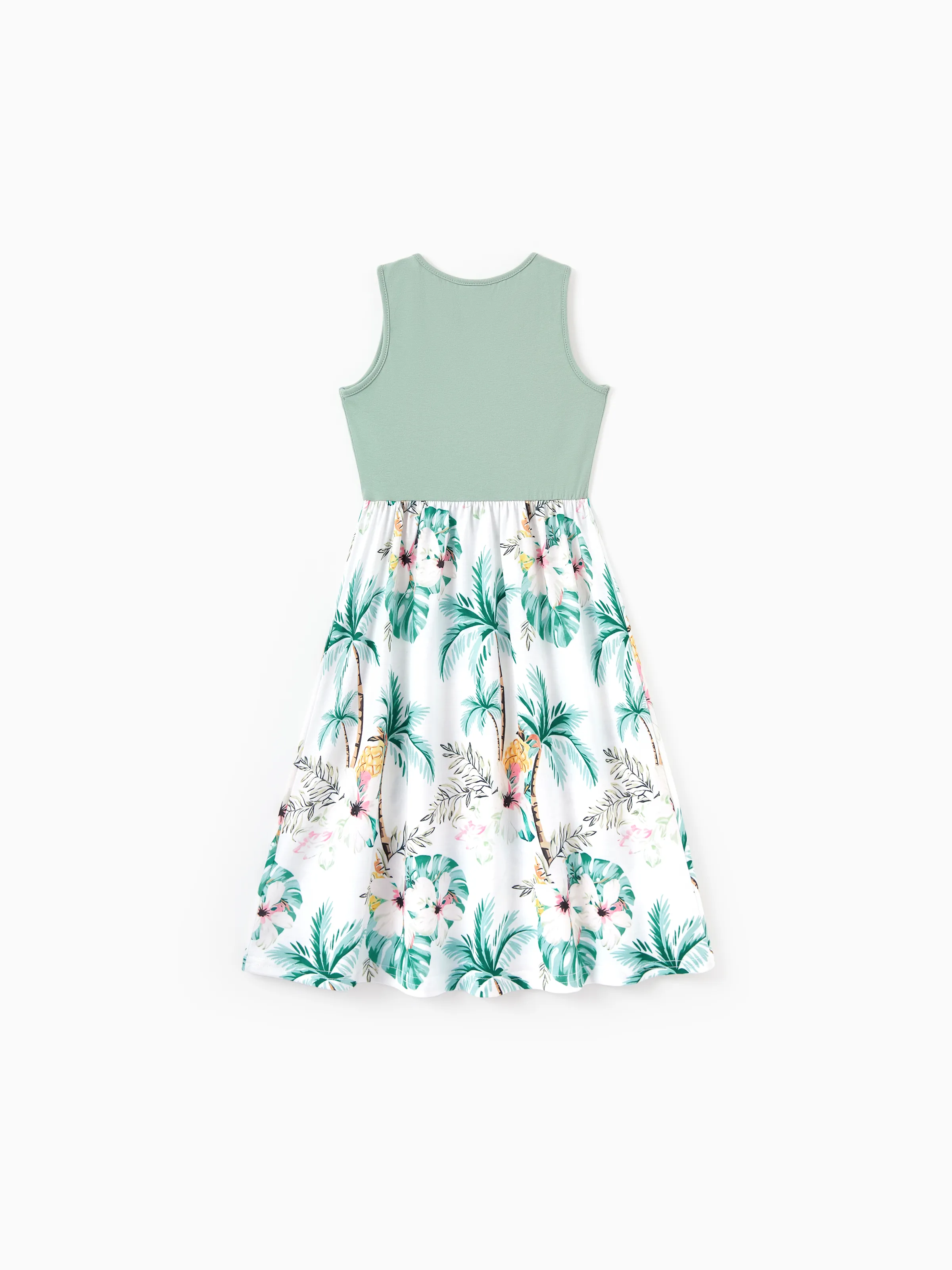 Mommy & me Tropical Print Outfits Mommy & Me Tank Dress & Kids Cotton T-Shirt Set Green - Image 14
